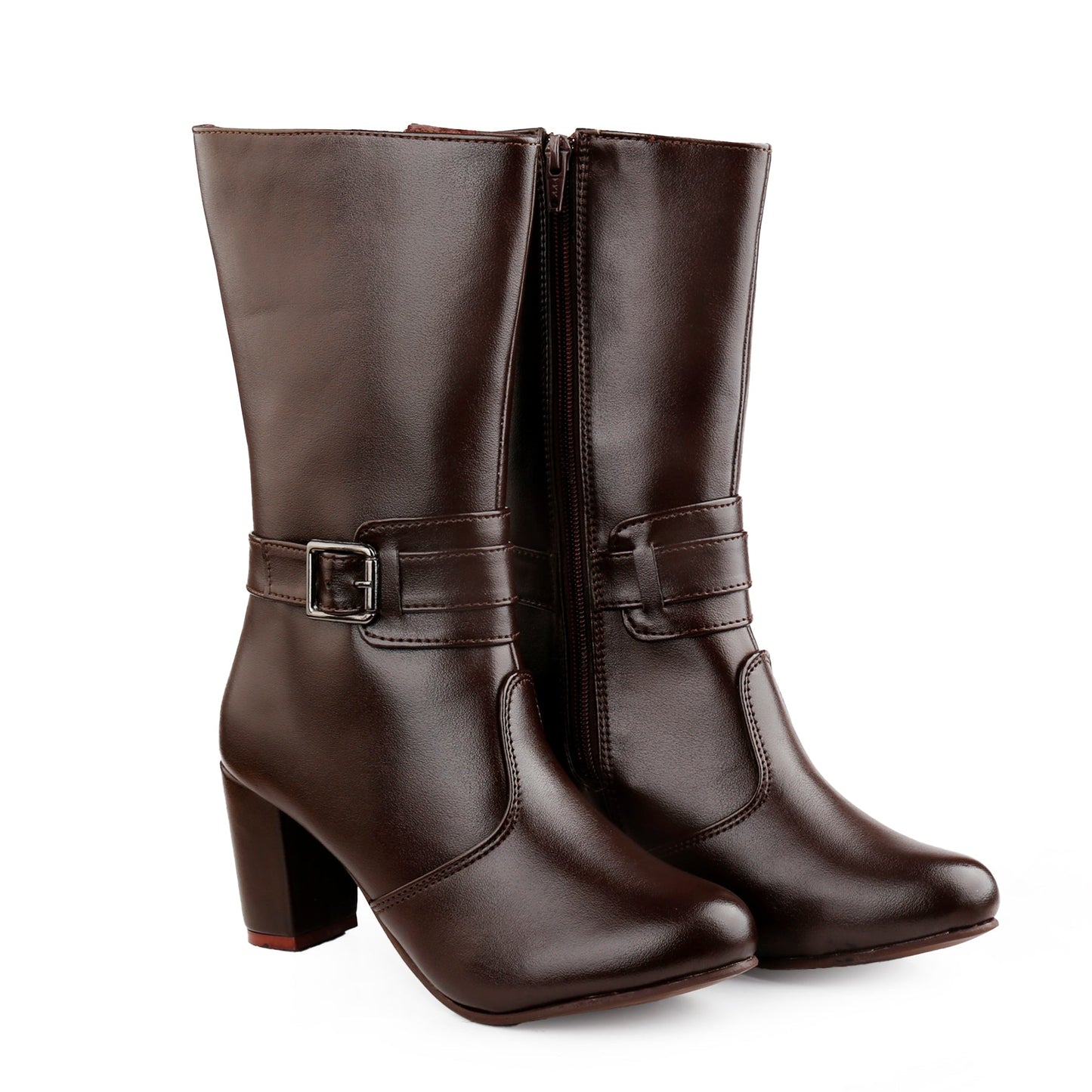 A pair of dark brown leather mid-calf boots with side buckles and block heels, shown on a plain white background.