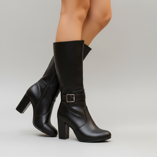 A pair of black knee-high leather boots with a side buckle strap and block heel, shown on a model's feet standing on a cobblestone street with blurred buildings in the background.
