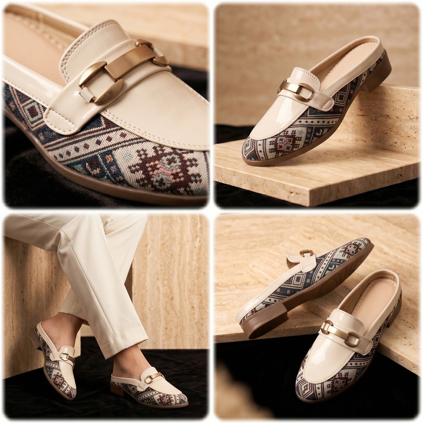 Collage of cream loafers with patterned insole and gold buckle on a wooden surface.