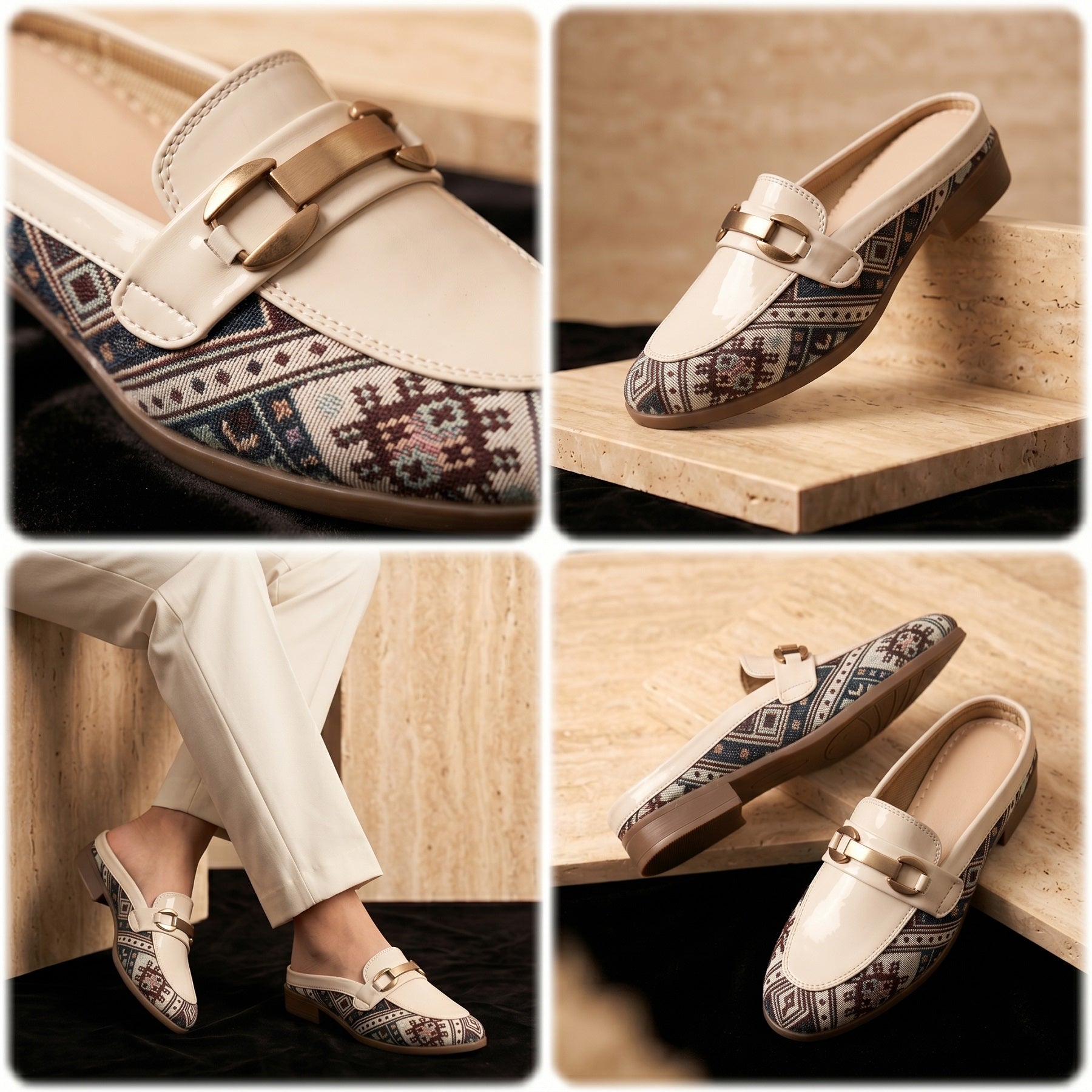 Collage of cream loafers with patterned insole and gold buckle on a wooden surface.