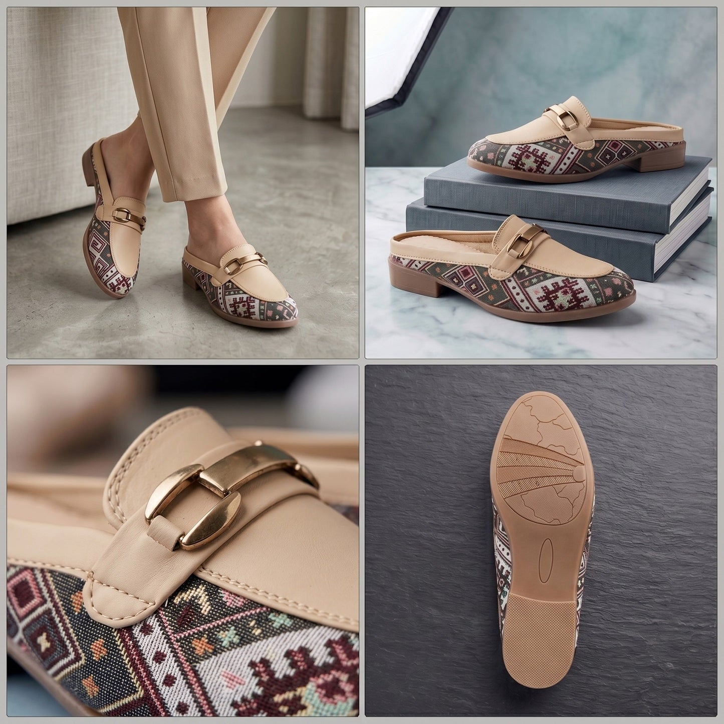 Collage of patterned loafers with a gold buckle, shown from different angles.