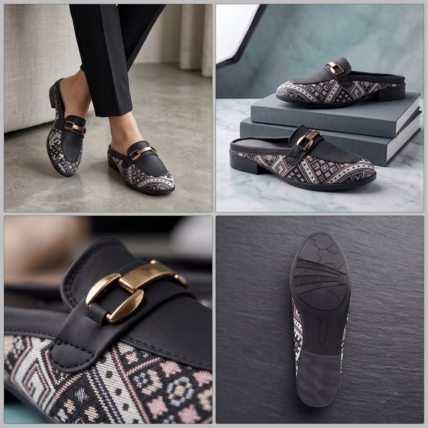 Collage of patterned loafers with gold buckles, worn and displayed on books.