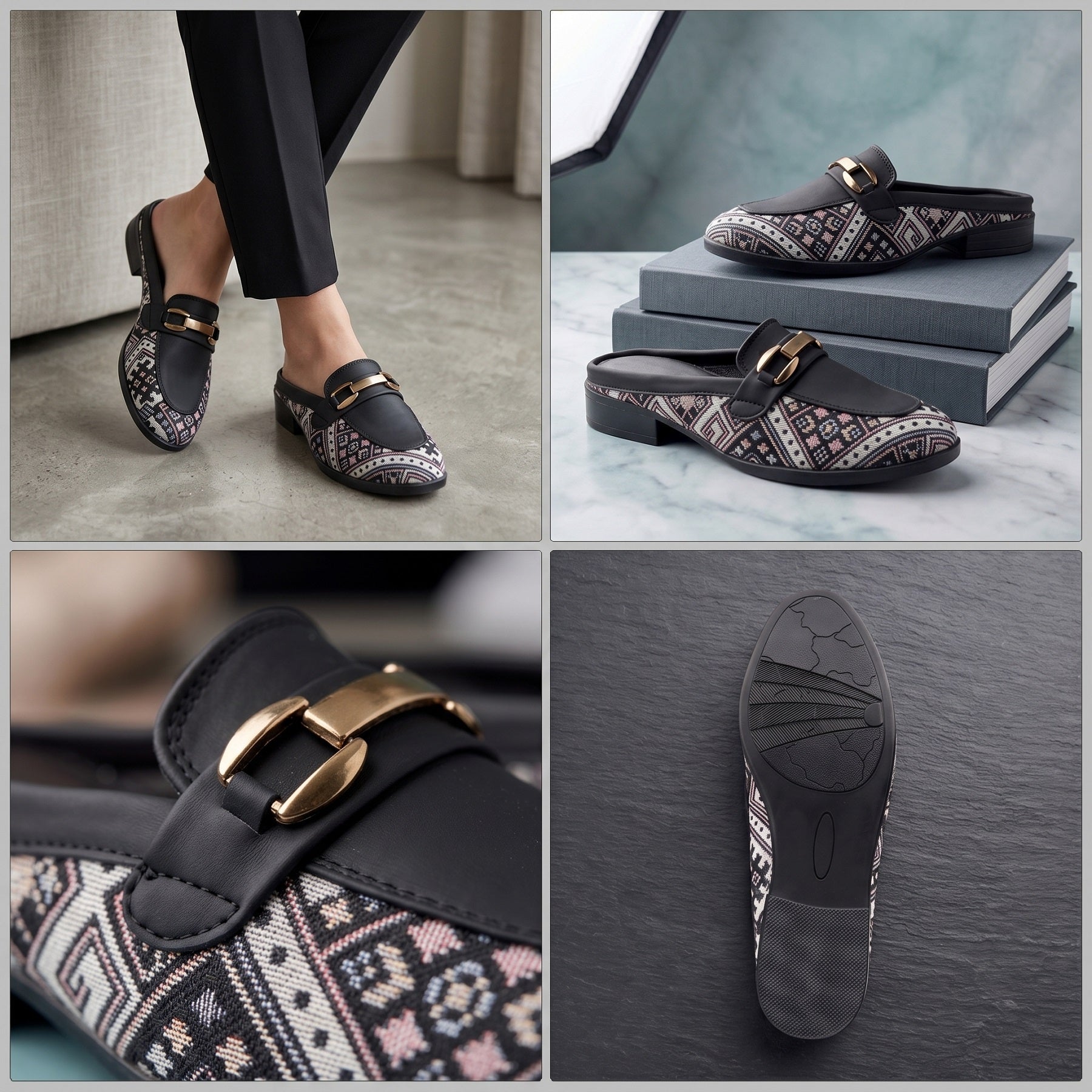 Collage of patterned loafers with gold buckles, worn and displayed on books.