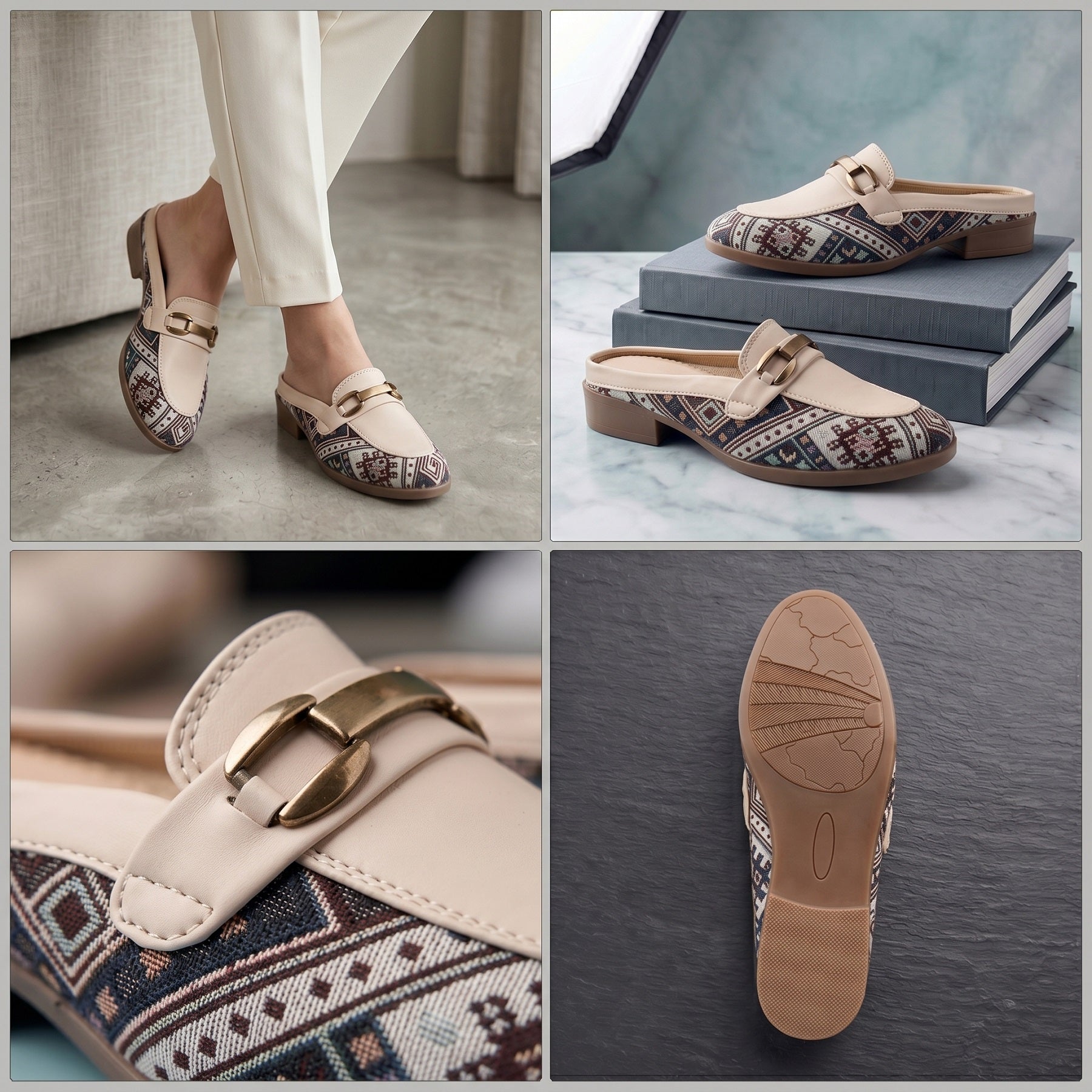 Collage of women's loafers with patterned design and gold buckle on a neutral background.