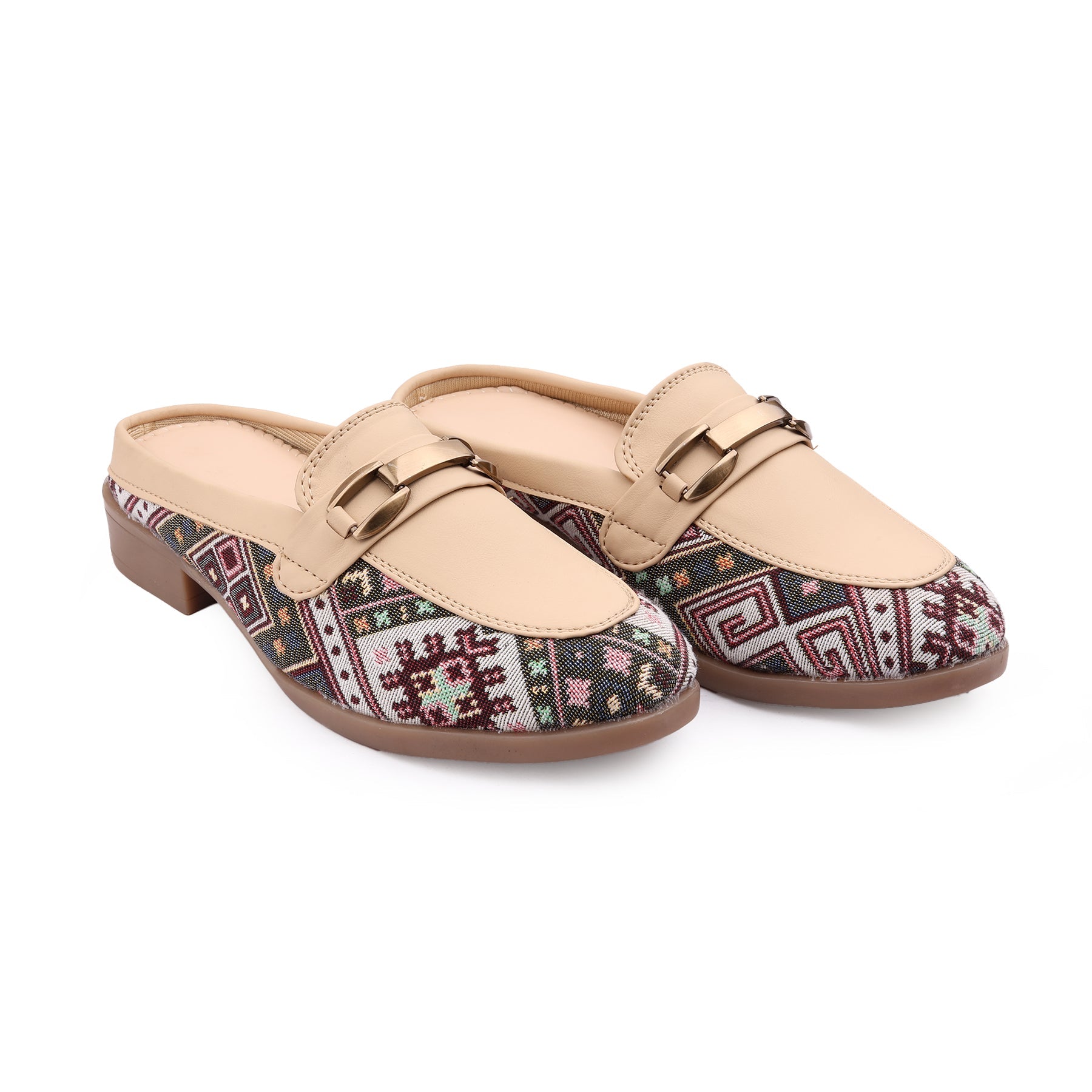Pair of beige clogs with patterned insole on a white background