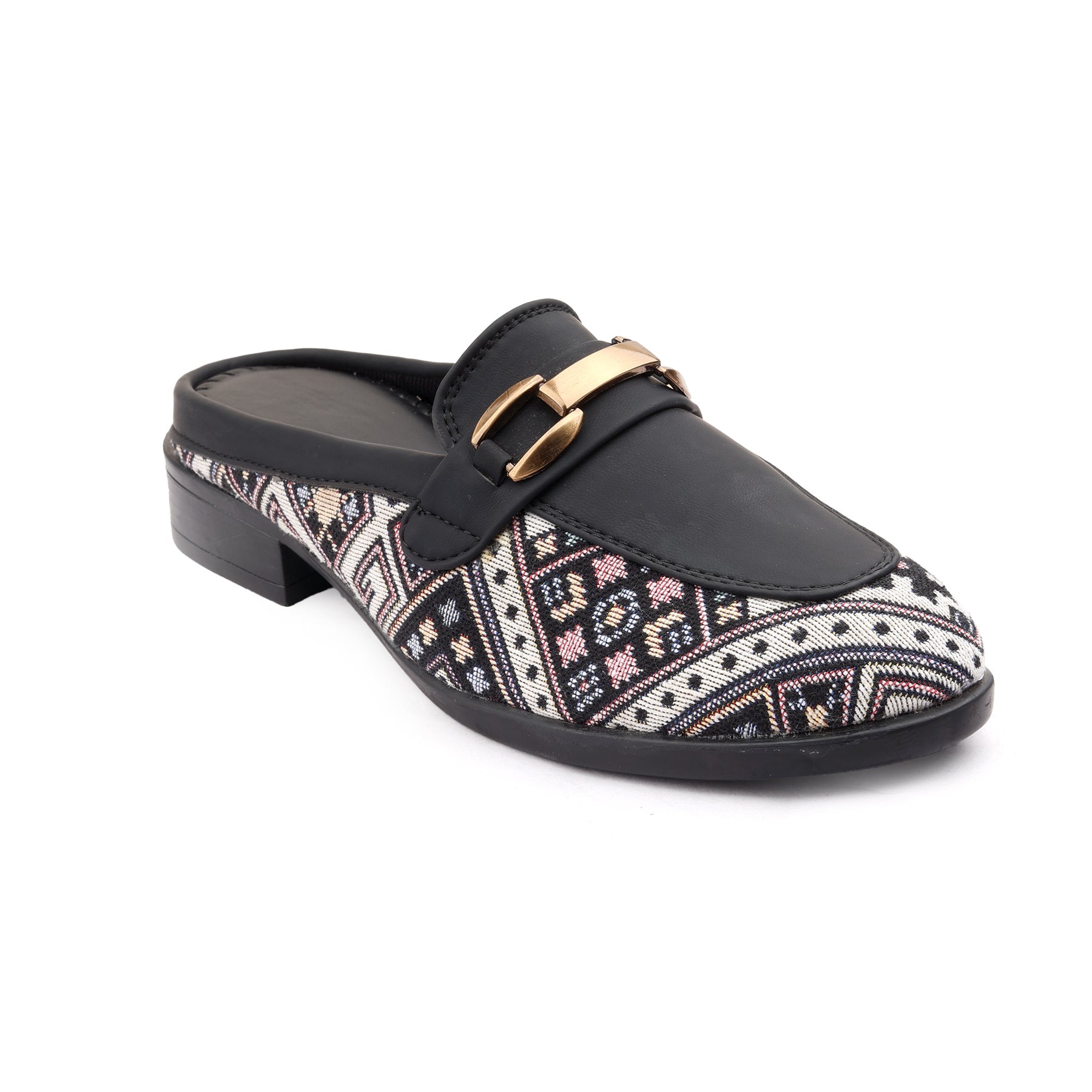 Black loafer with patterned strap and gold buckle on a white background