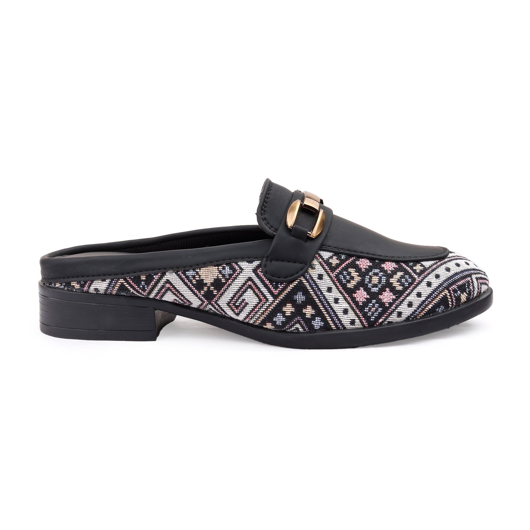 Black sandal with patterned strap and gold buckle on a white background