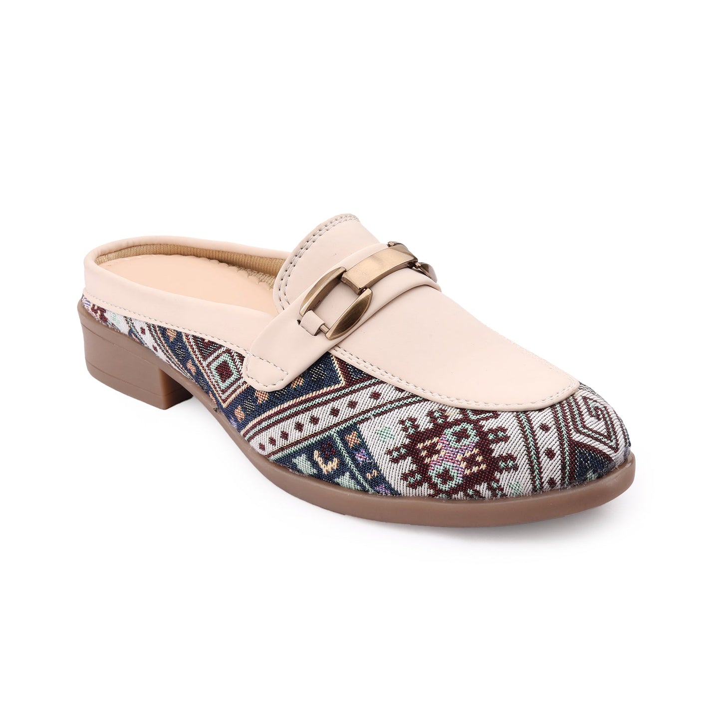 Mule shoe with patterned toe cap and beige upper on a white background
