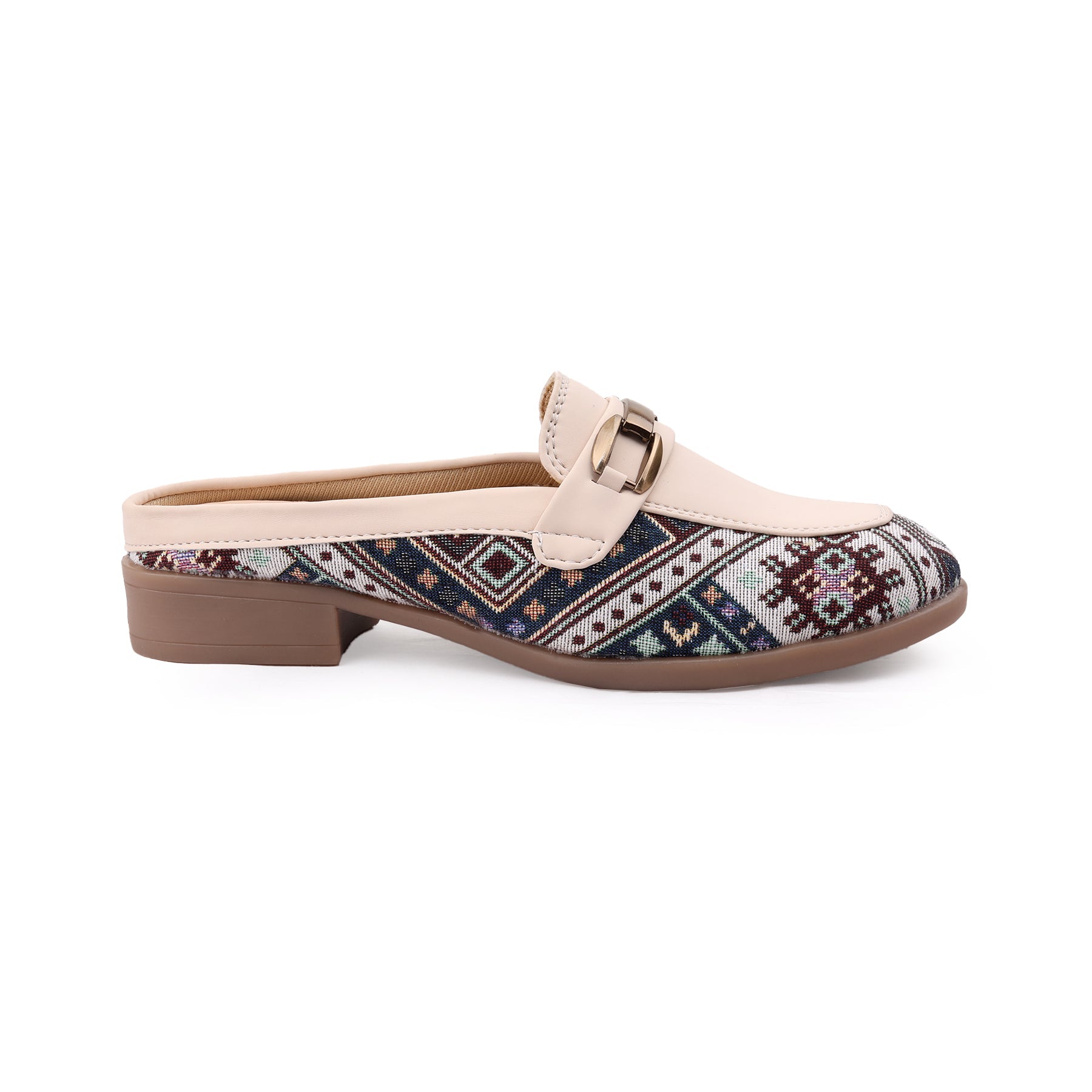 Mule shoe with patterned sole and beige top on a white background
