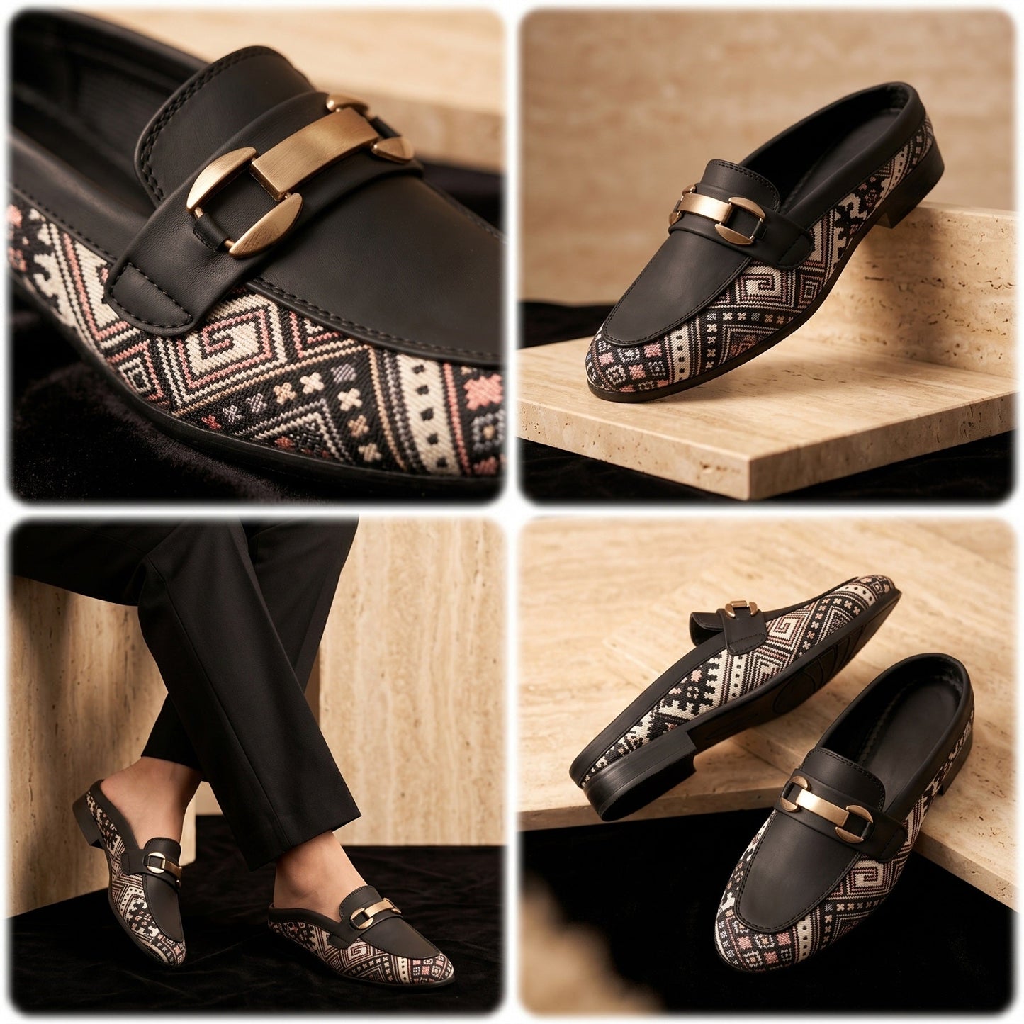 Collage of black loafers with gold buckles and patterned soles on a wooden surface.