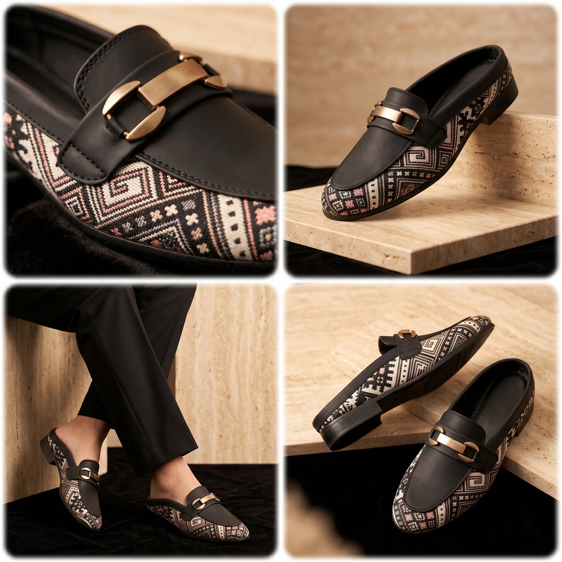 Collage of black loafers with gold buckles and patterned soles on a wooden surface.