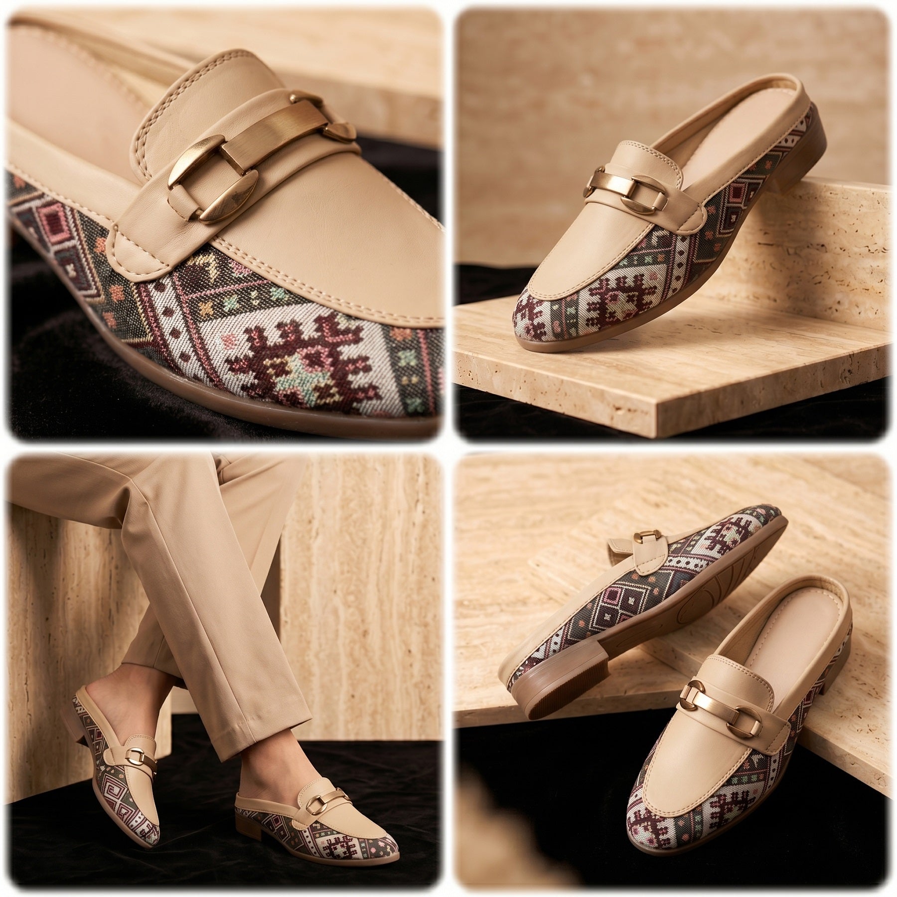 Collage of beige loafers with patterned insole and gold buckle on a wooden surface.