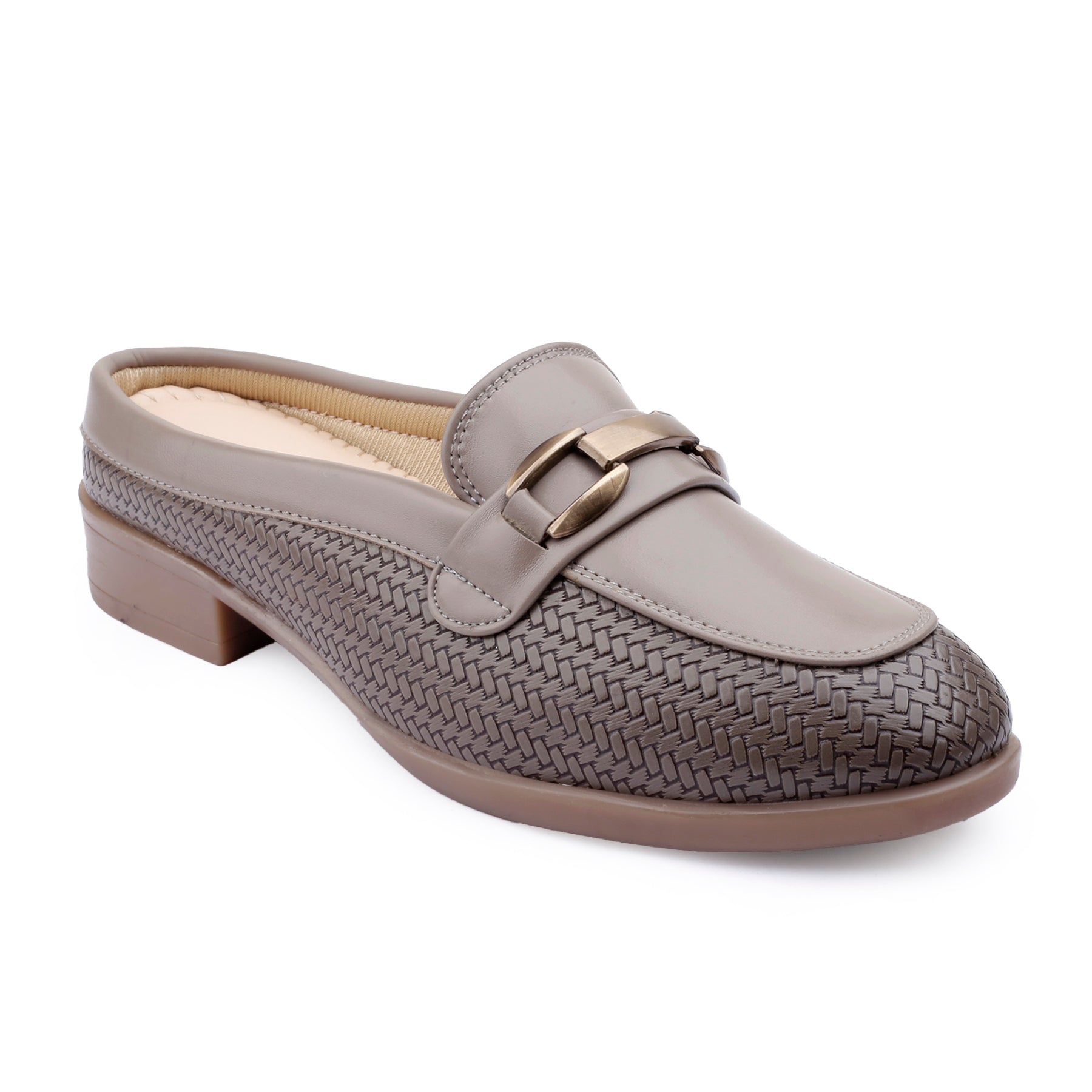 Gray loafer shoe with woven pattern on a white background