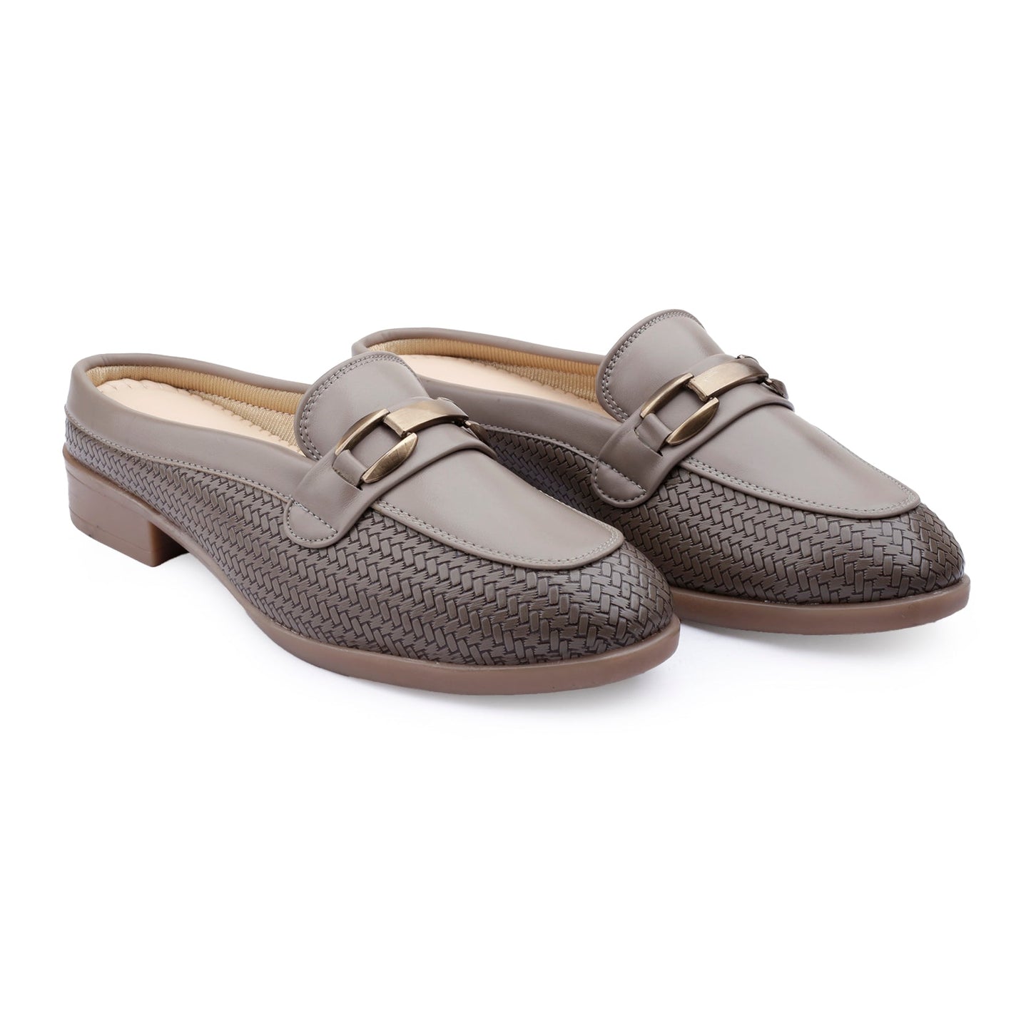 Pair of gray loafers with woven pattern on a white background
