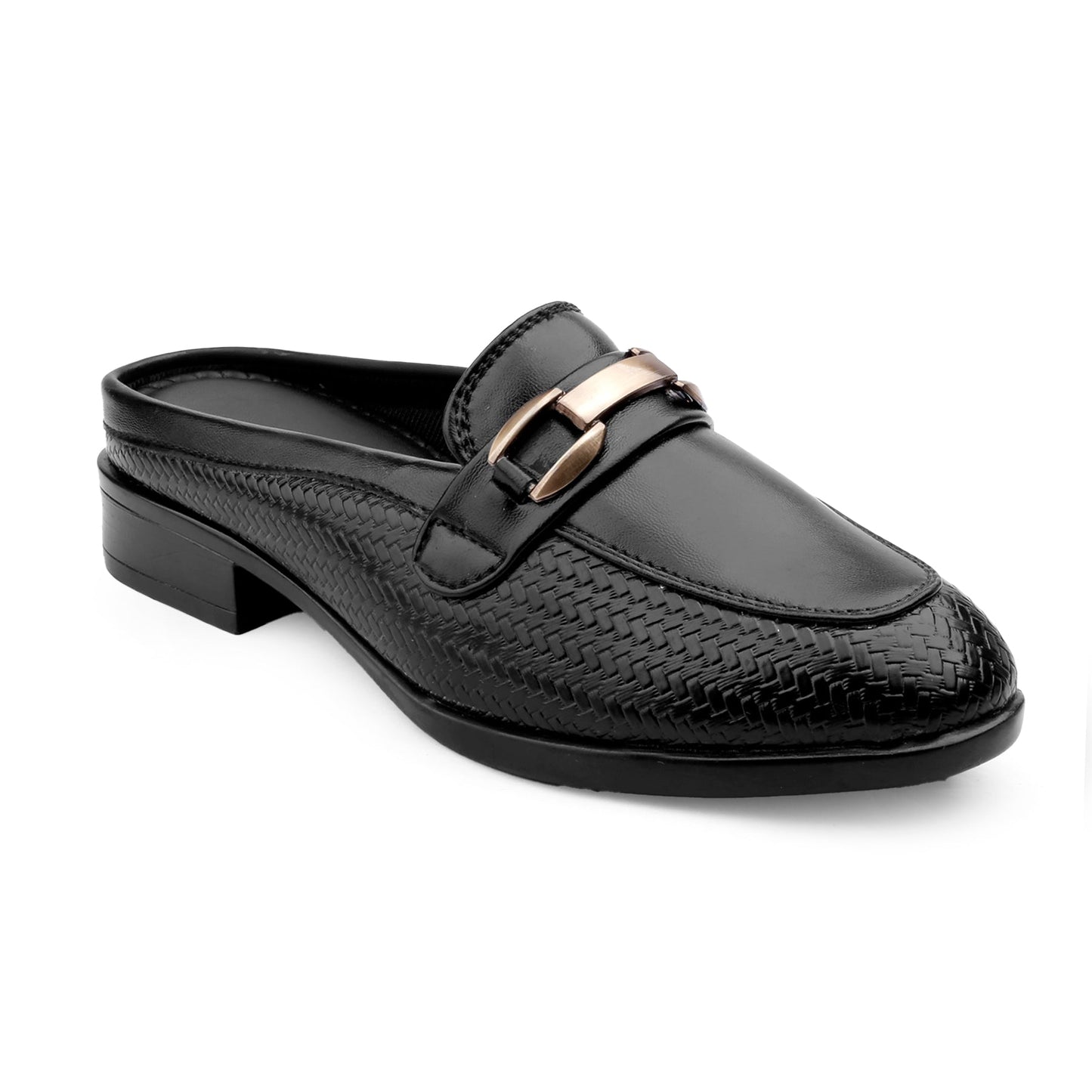 A single black slip-on loafer mule with a textured woven pattern, a low block heel, and a metallic gold buckle detail across the vamp, shown on a plain white background.