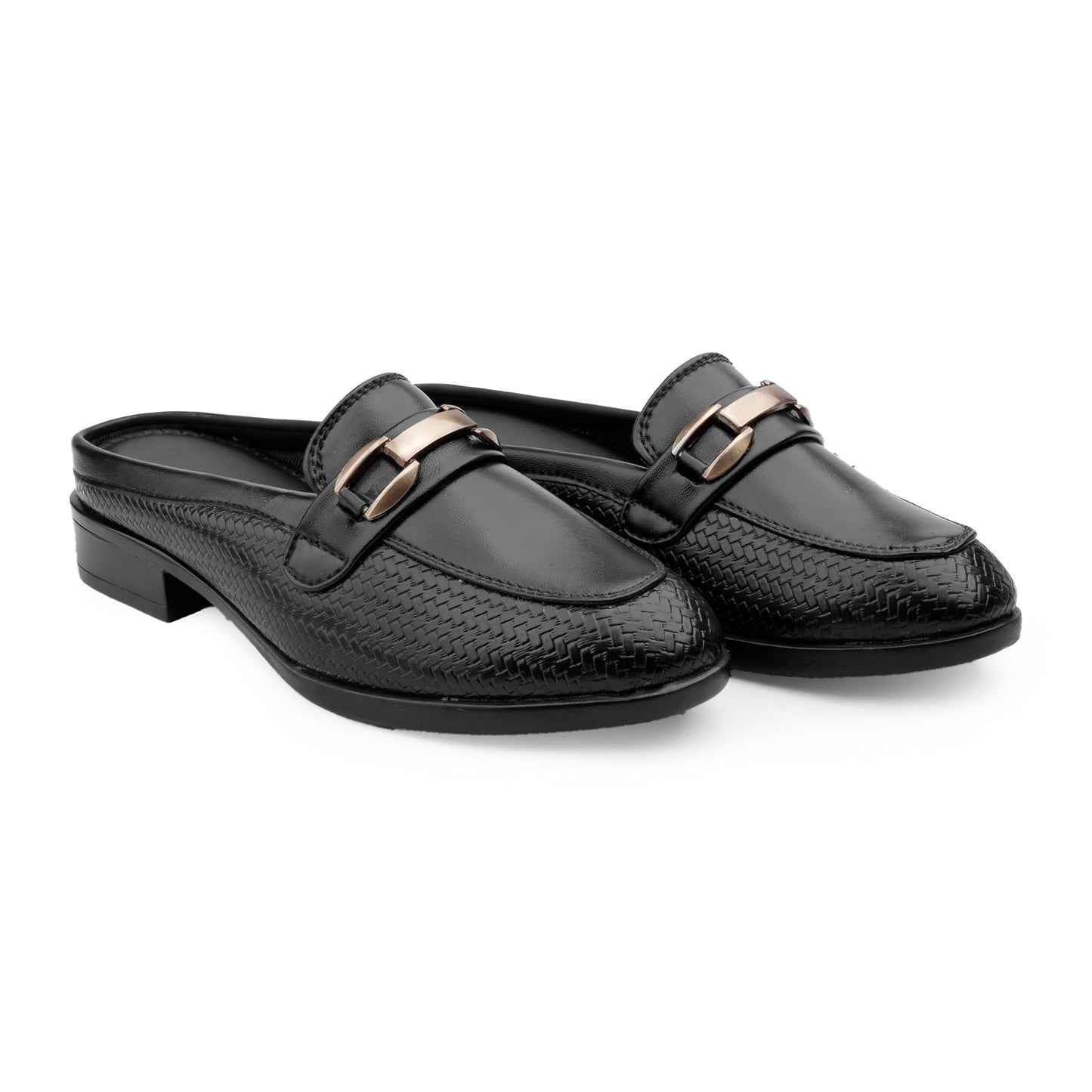 A pair of black leather mule loafers with a textured woven pattern on the toe and a polished gold-tone horsebit buckle across the vamp, shown on a plain white background.