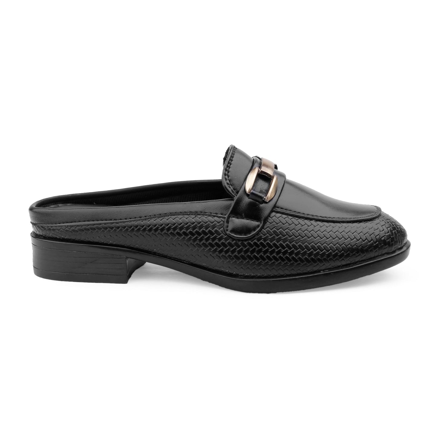 Black slip-on shoe with a decorative buckle on a white background
