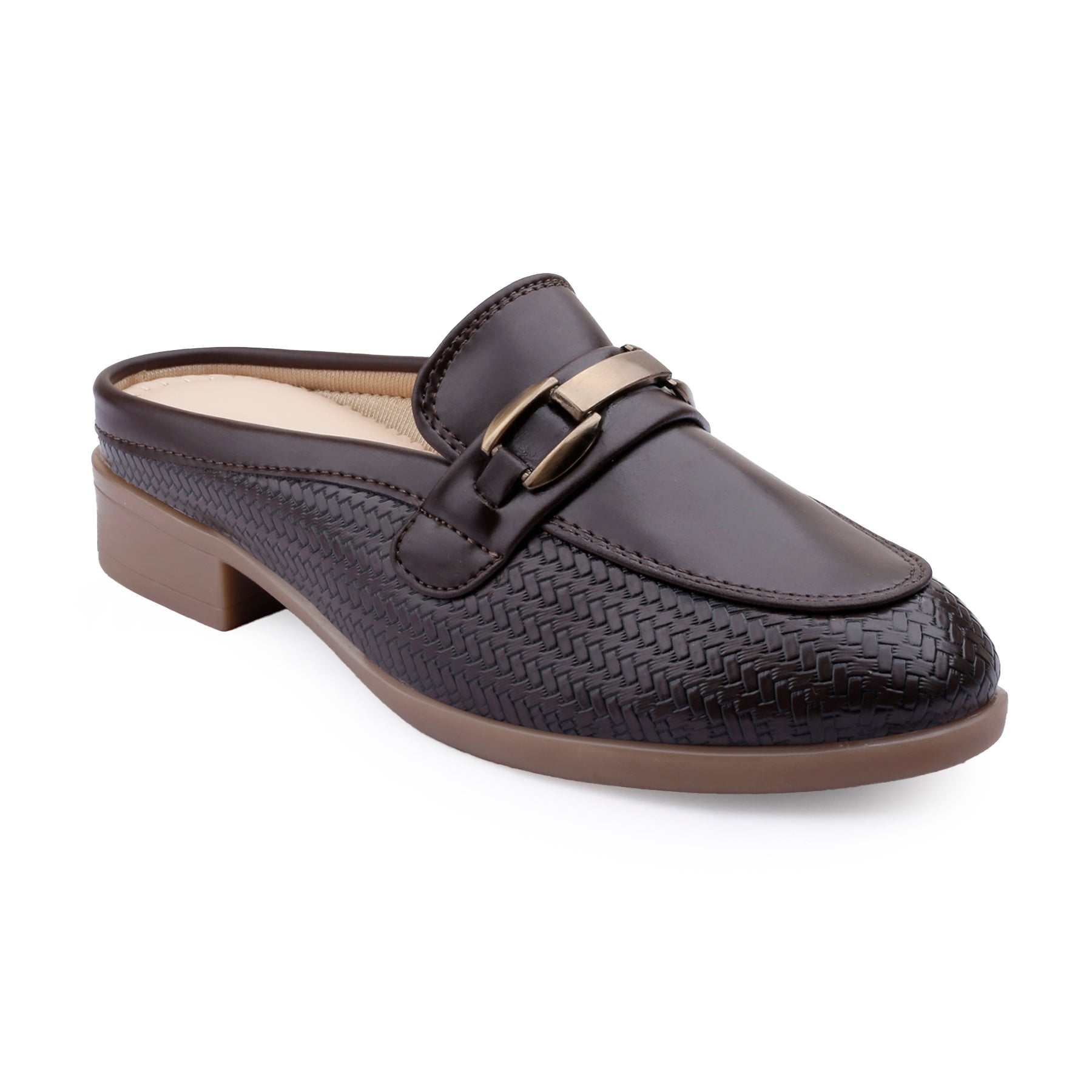 A dark brown mule loafer with a textured woven upper, a low block heel, and a decorative gold-tone buckle strap, shown on a plain white background.