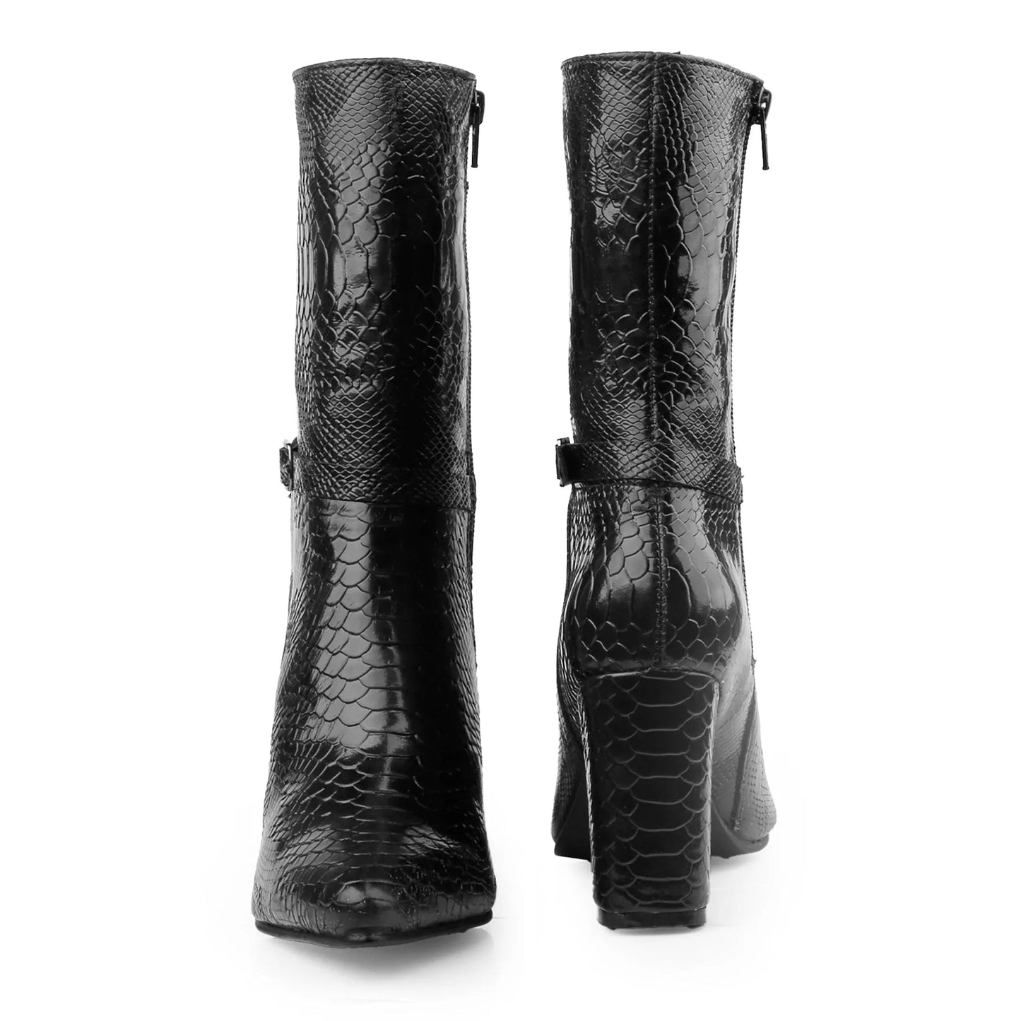 A pair of black snakeskin-textured mid-calf boots with side zippers and block heels, shown from the front and back on a white background.