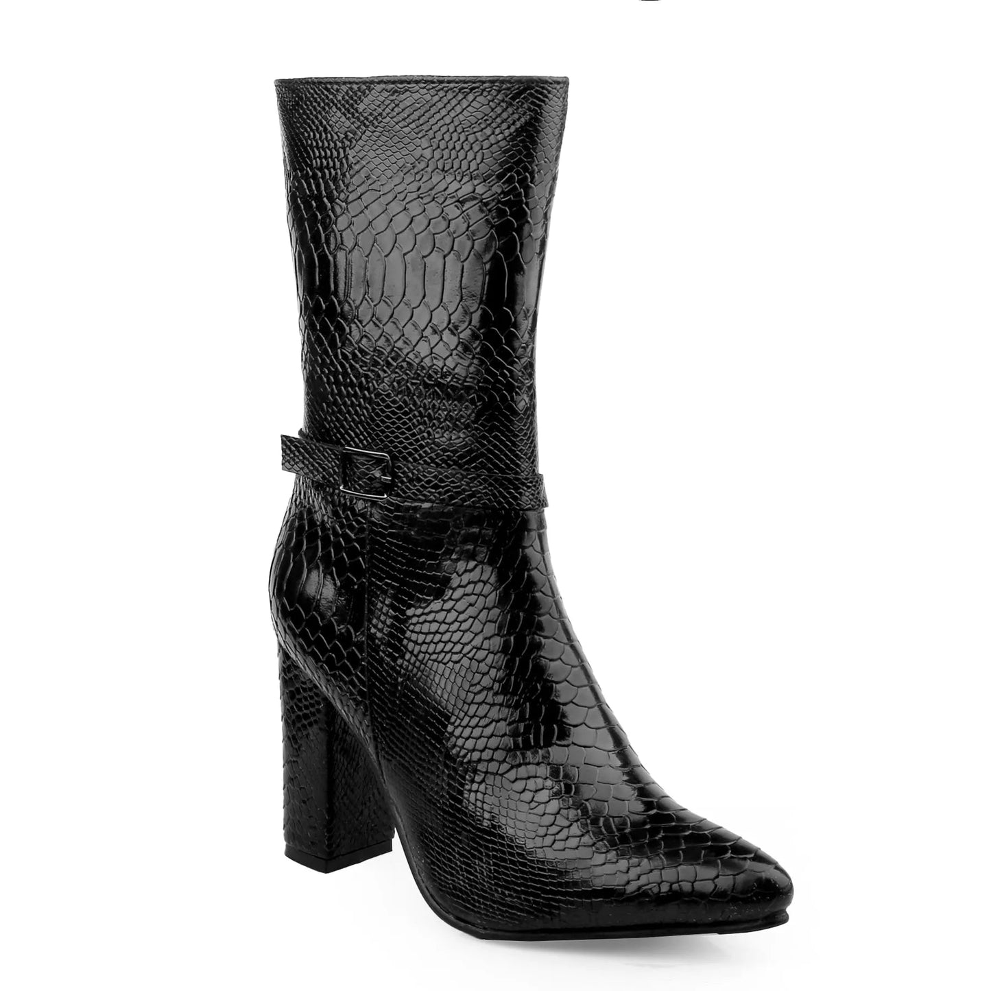 A black snakeskin-patterned mid-calf boot with a pointed toe, block heel, and a decorative strap detail on the side, shown against a plain white background.