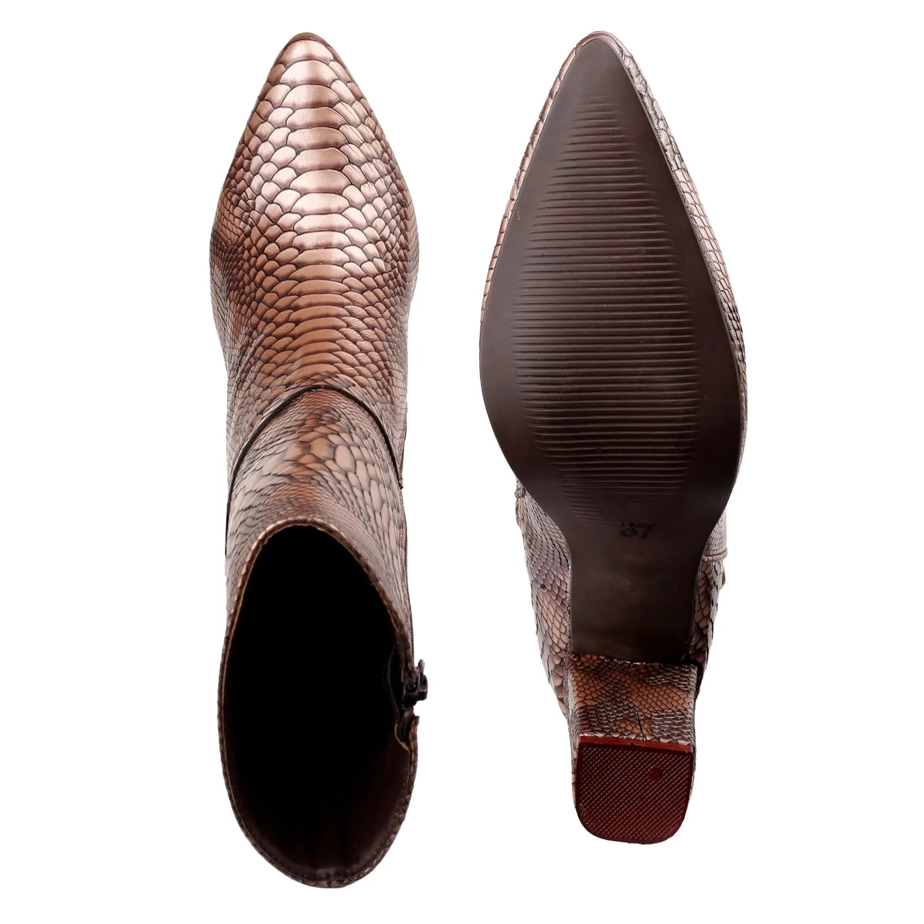A pair of pointed-toe ankle boots with a brown and bronze python-patterned snakeskin texture, shown from the side and sole views on a white background.