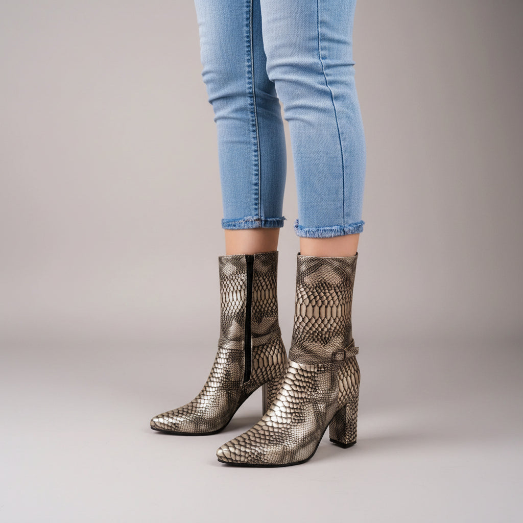 A person wearing light blue cropped jeans and metallic snakeskin-pattern ankle boots with block heels, standing on a light wood floor against a plain beige wall.