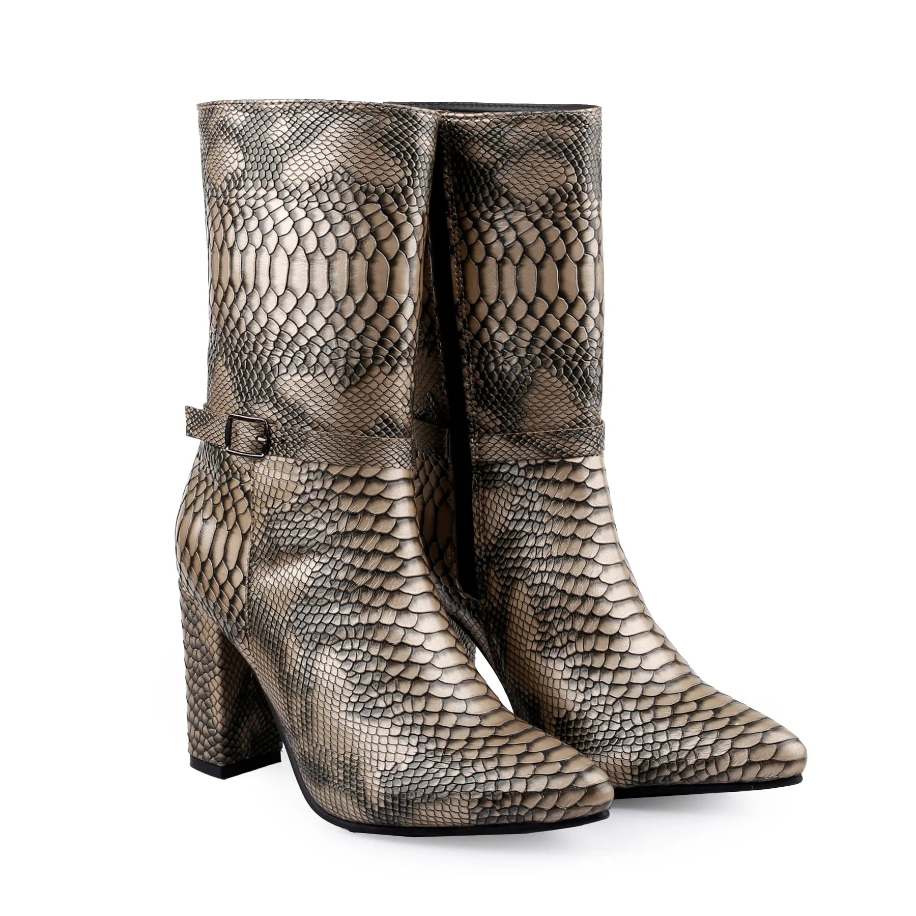 A pair of mid-calf snakeskin ankle boots with a block heel and a decorative side buckle strap, shown against a plain white background.