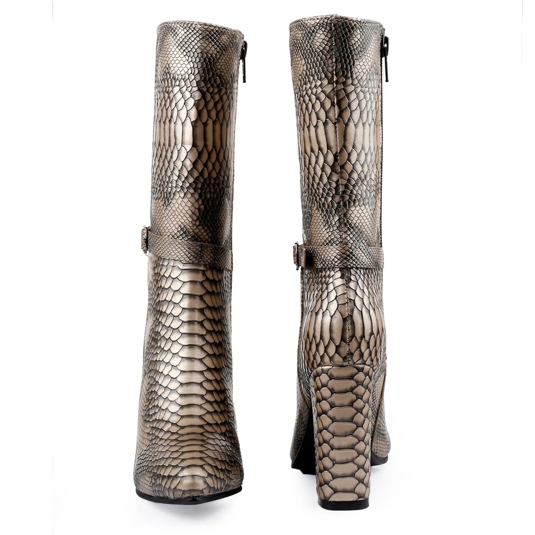 A pair of mid-calf boots with a metallic bronze and brown snakeskin pattern, featuring a block heel, side buckle strap, and zipper closure, shown from both front and back angles on a white background.