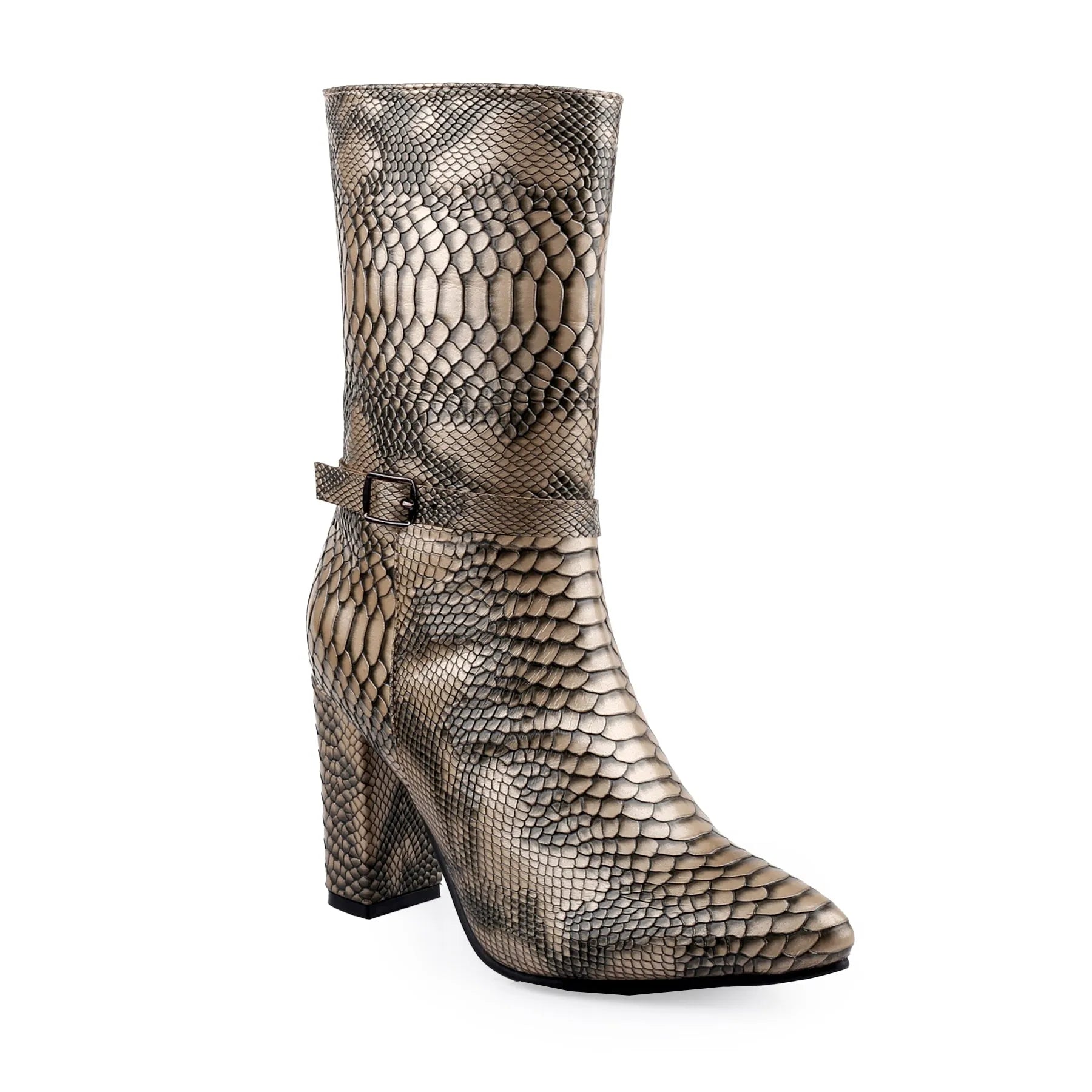 A mid-calf boot with a pointed toe and a high block heel, featuring a snakeskin pattern in shades of beige, brown, and black. It has a decorative ankle strap with a small buckle on the side, shown against a plain white background.