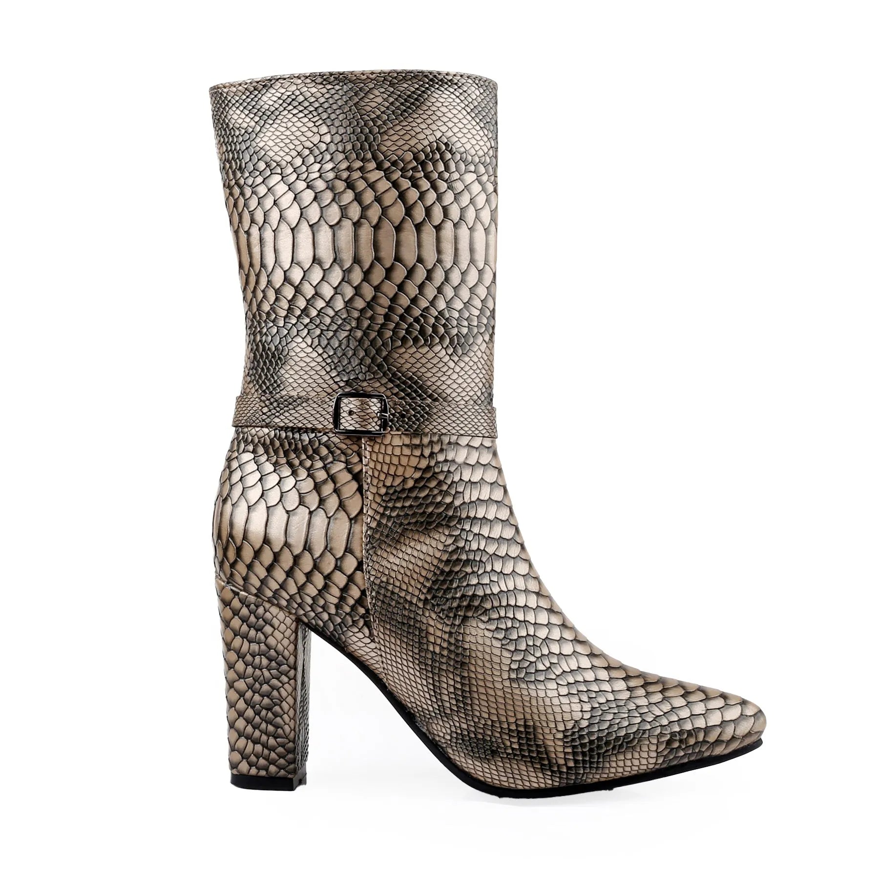 A mid-calf heeled boot with a pointed toe and a snakeskin pattern in beige, brown, and black, featuring a small buckle detail on the side.