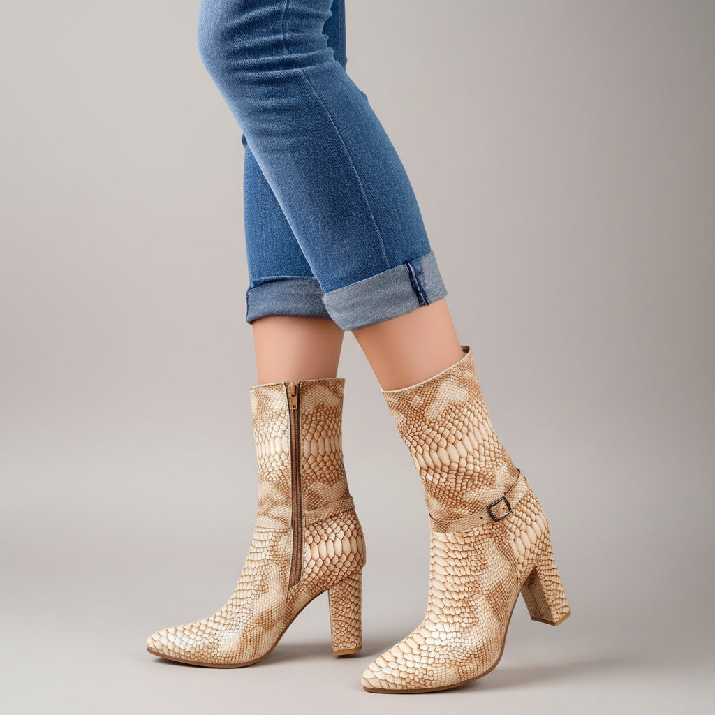 A person wearing blue cuffed jeans and beige snakeskin-patterned mid-calf heeled boots with side zippers and buckle details, standing on a wooden floor against a textured beige wall.