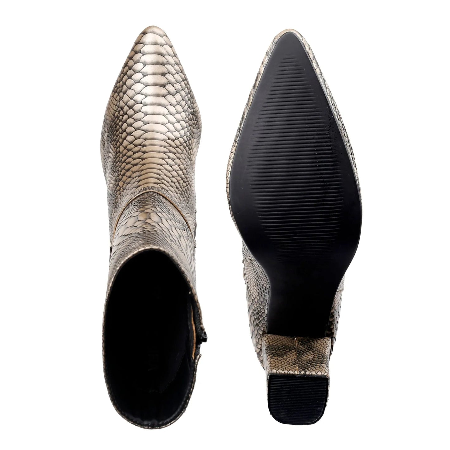 A pair of pointed-toe ankle boots with a metallic snakeskin pattern, shown from the side and back to display the sole.