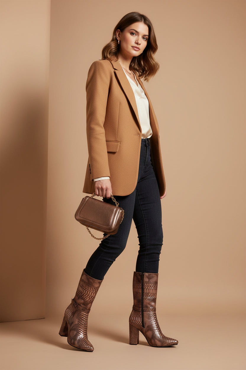A pair of mid-calf heeled boots with a metallic bronze-brown python snakeskin pattern, featuring a pointed toe, block heel, and a side buckle strap detail, shown against a plain white background.