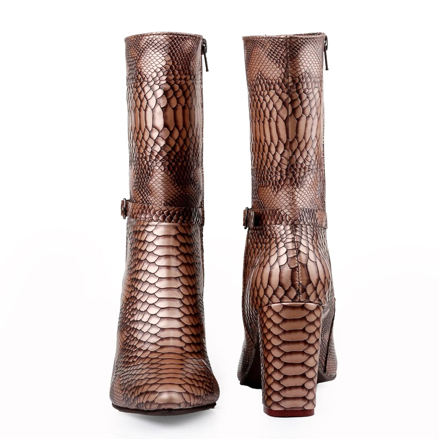 A pair of mid-calf snakeskin ankle boots in a metallic bronze-brown finish, shown from both the front and side angles against a plain white background.