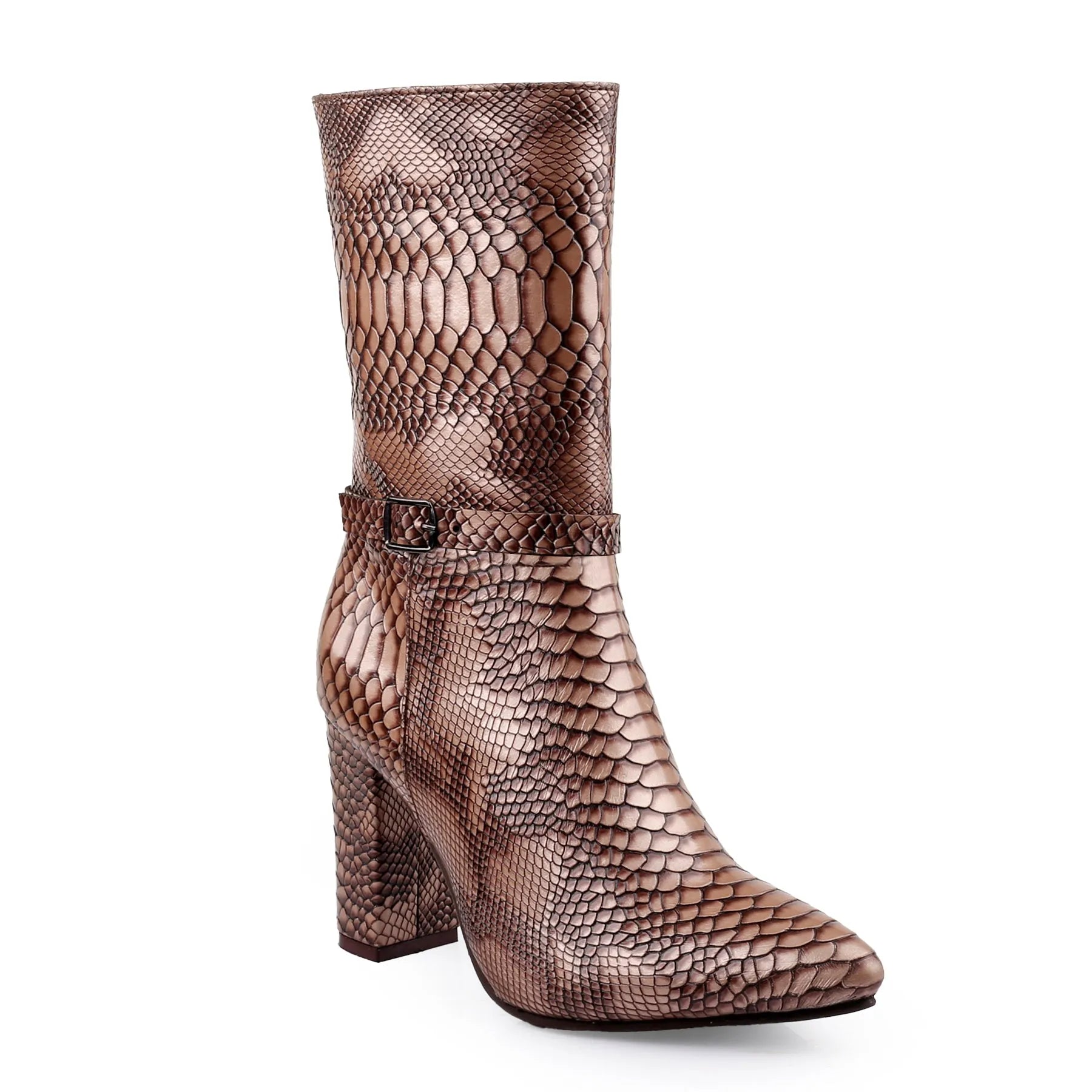 A mid-calf heeled boot with a metallic bronze-brown snakeskin pattern, featuring a pointed toe and a decorative ankle strap with a buckle, set against a plain white background.