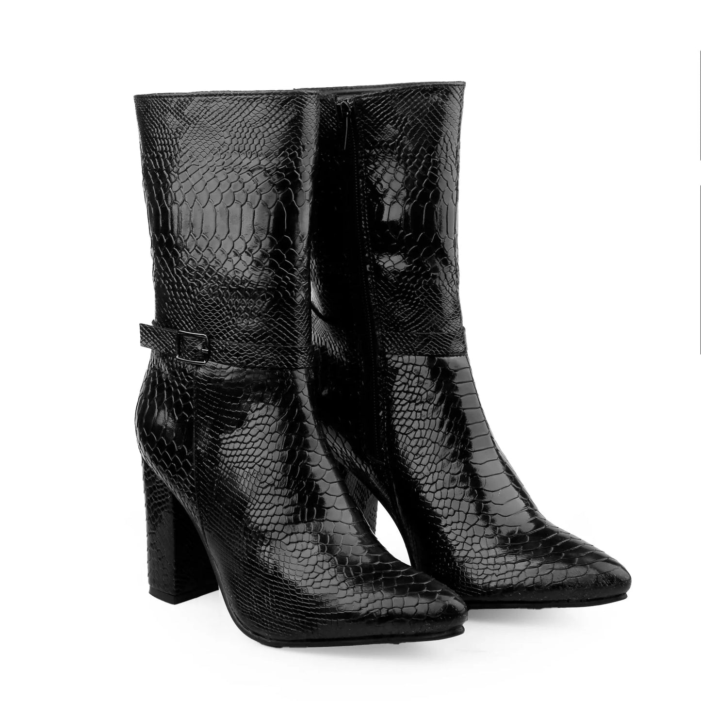 A pair of black snakeskin-textured ankle boots with block heels and a side buckle detail, shown on a plain white background.