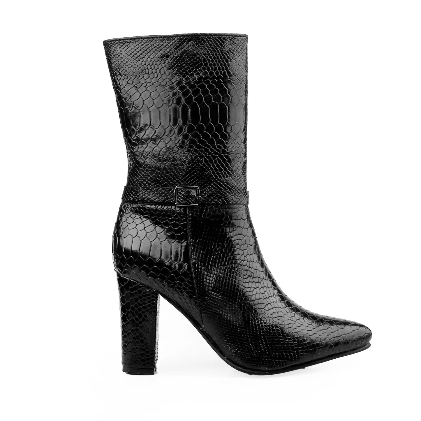 A black snakeskin-textured ankle boot with a pointed toe and a chunky block heel, shown from a side profile on a white background.