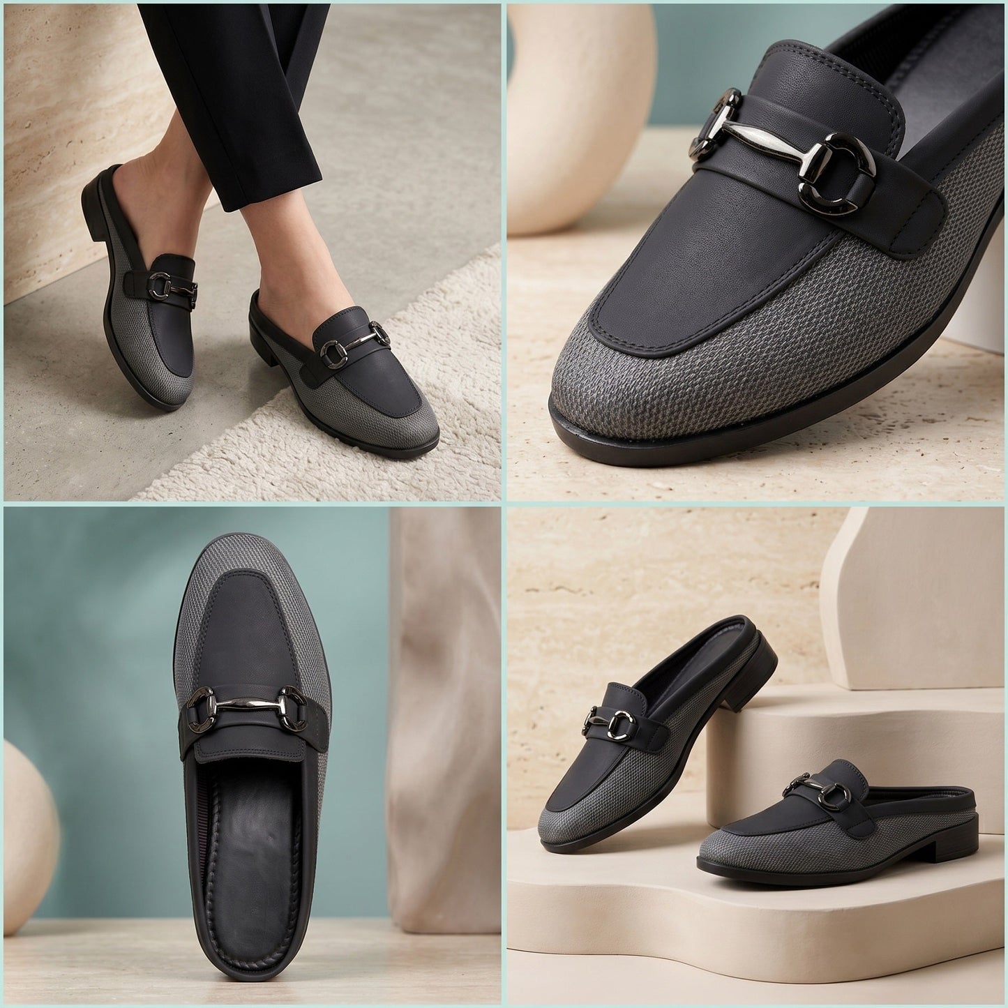 Collage of black loafers with metallic buckles on a neutral background