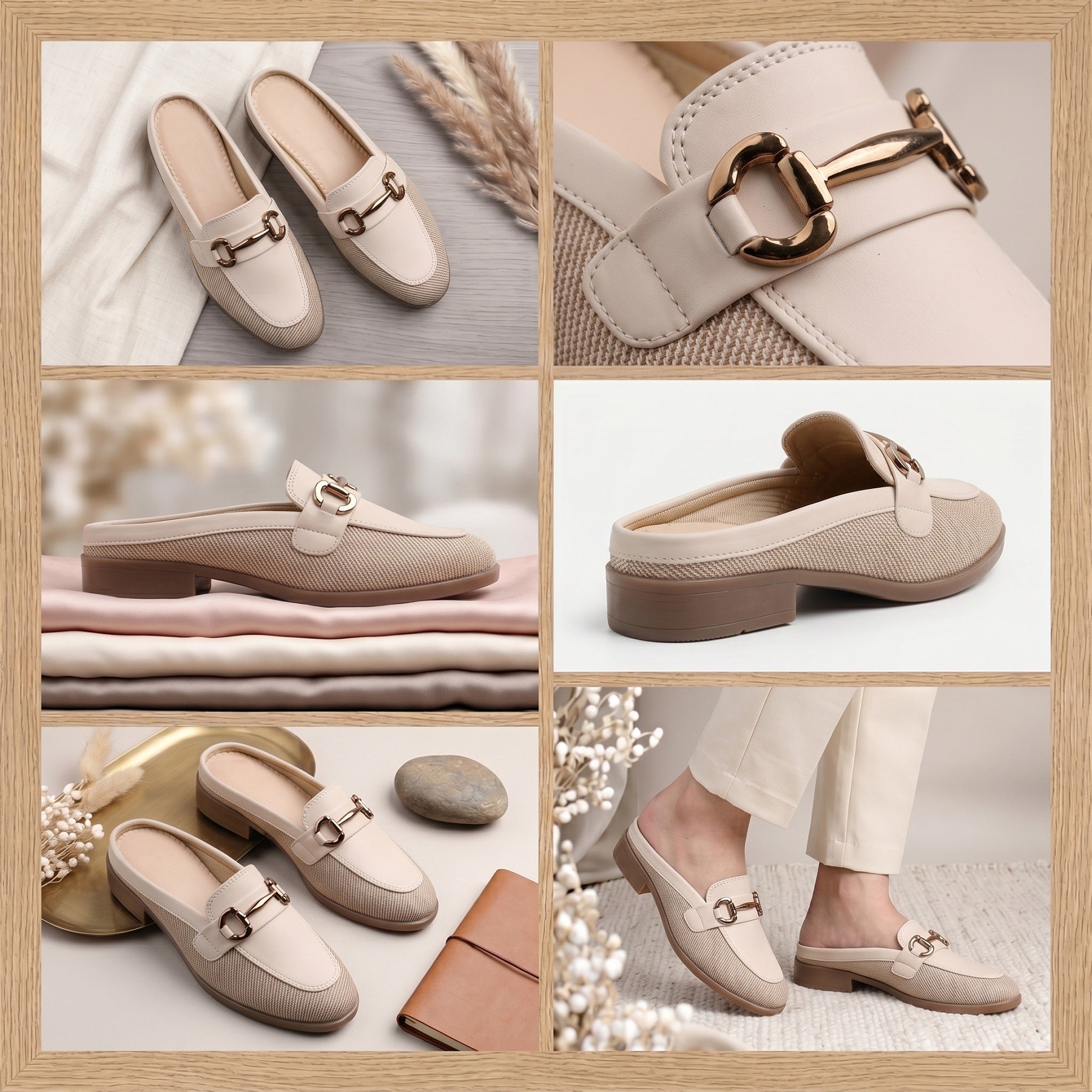 Collage of beige loafers with gold buckles on a light background