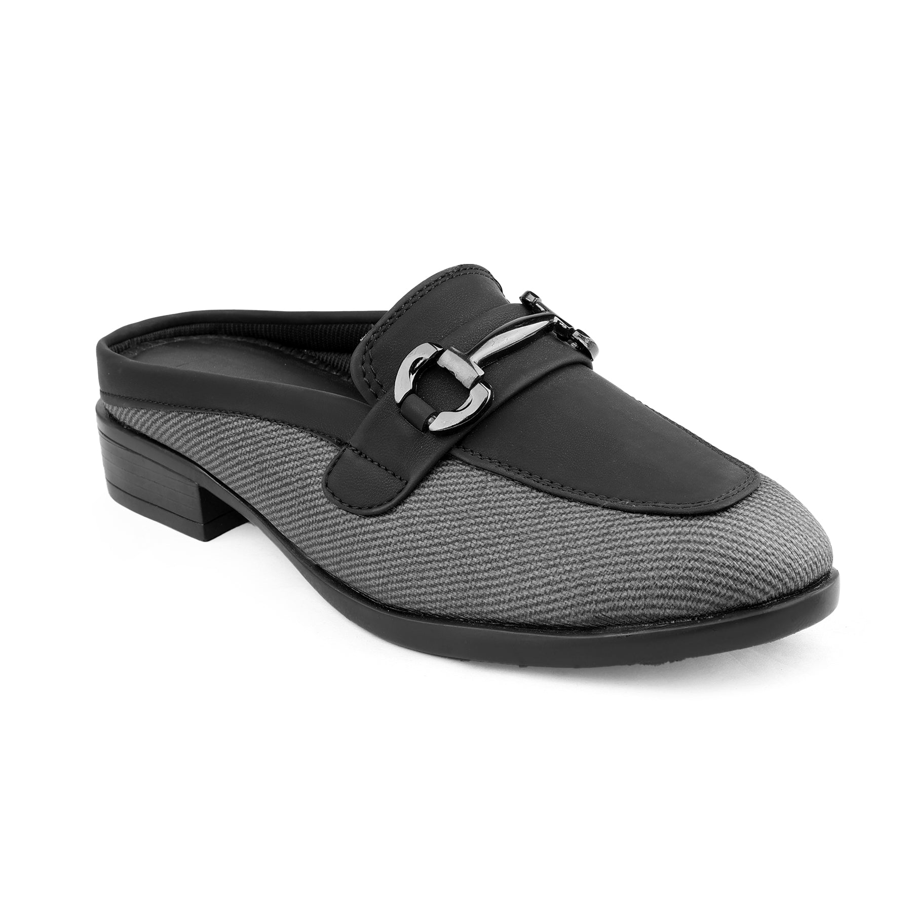 Black and gray slip-on shoe with a buckle on a white background