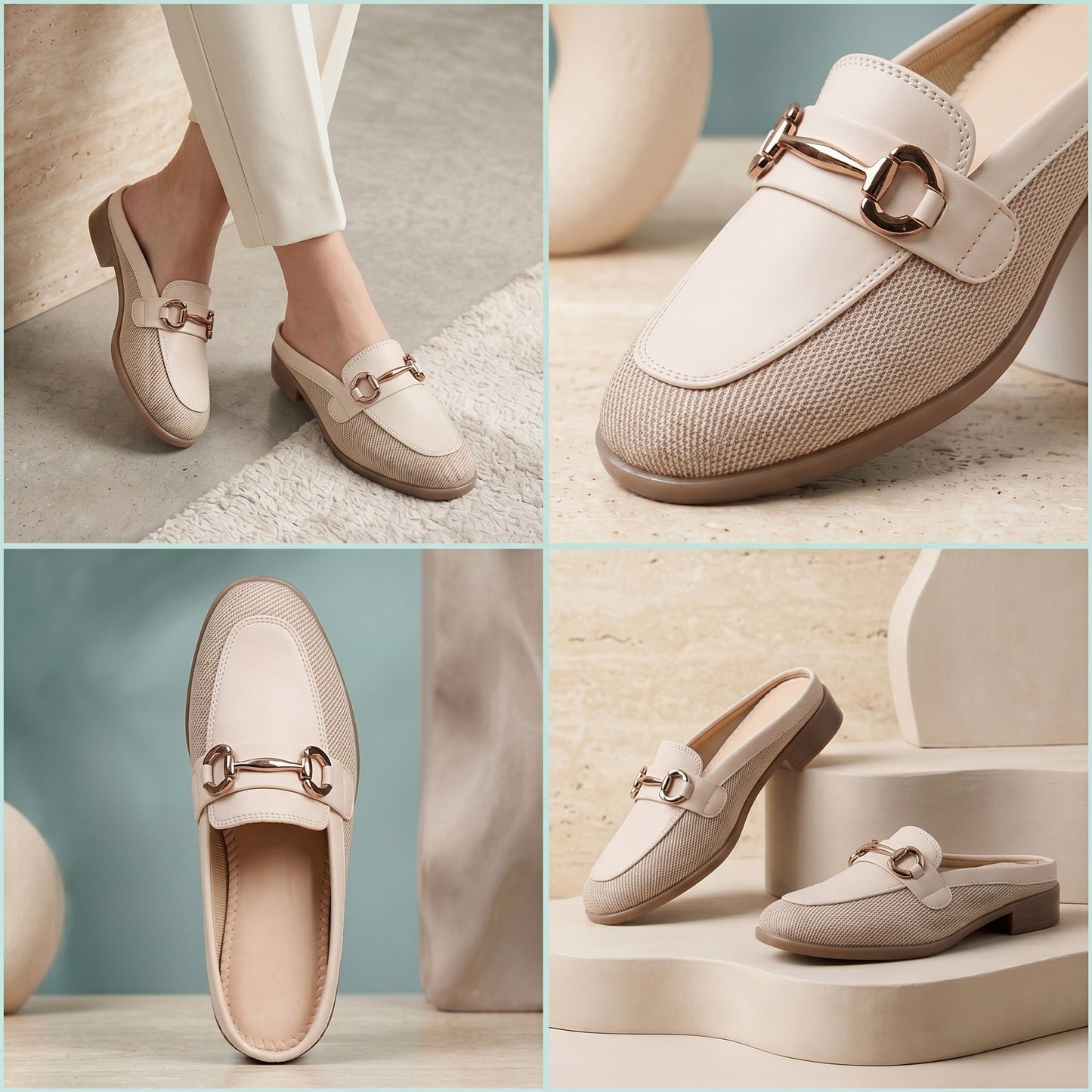 Collage of beige loafers with decorative buckles on a neutral background