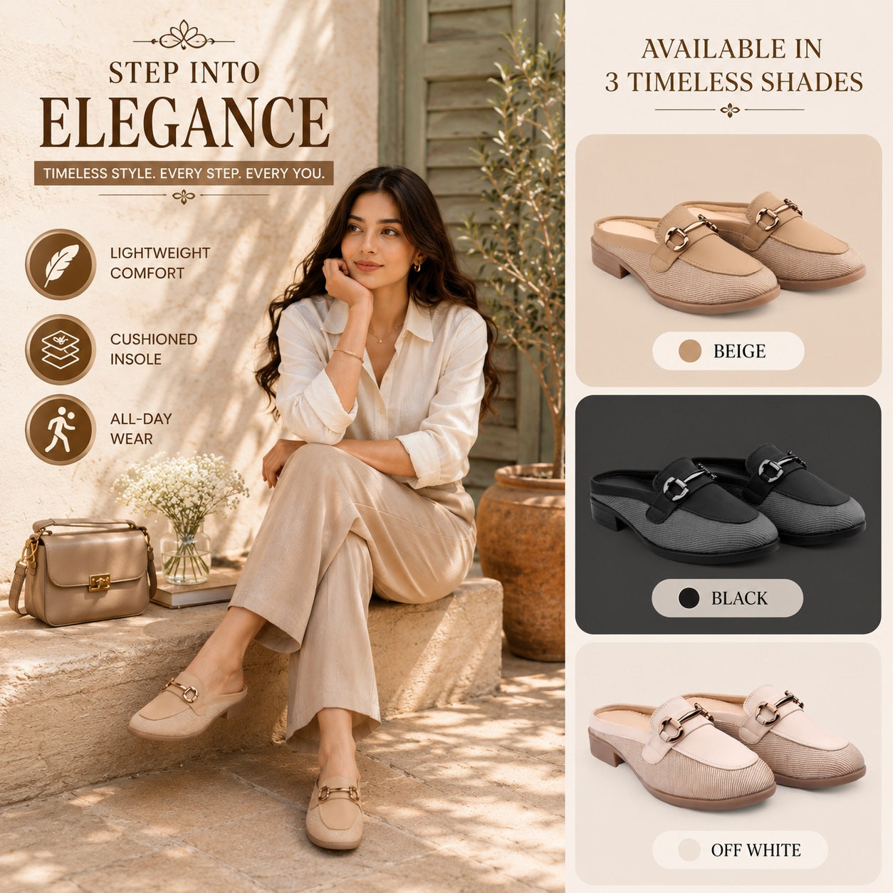 Woman wearing beige shoes with product details on a lifestyle background