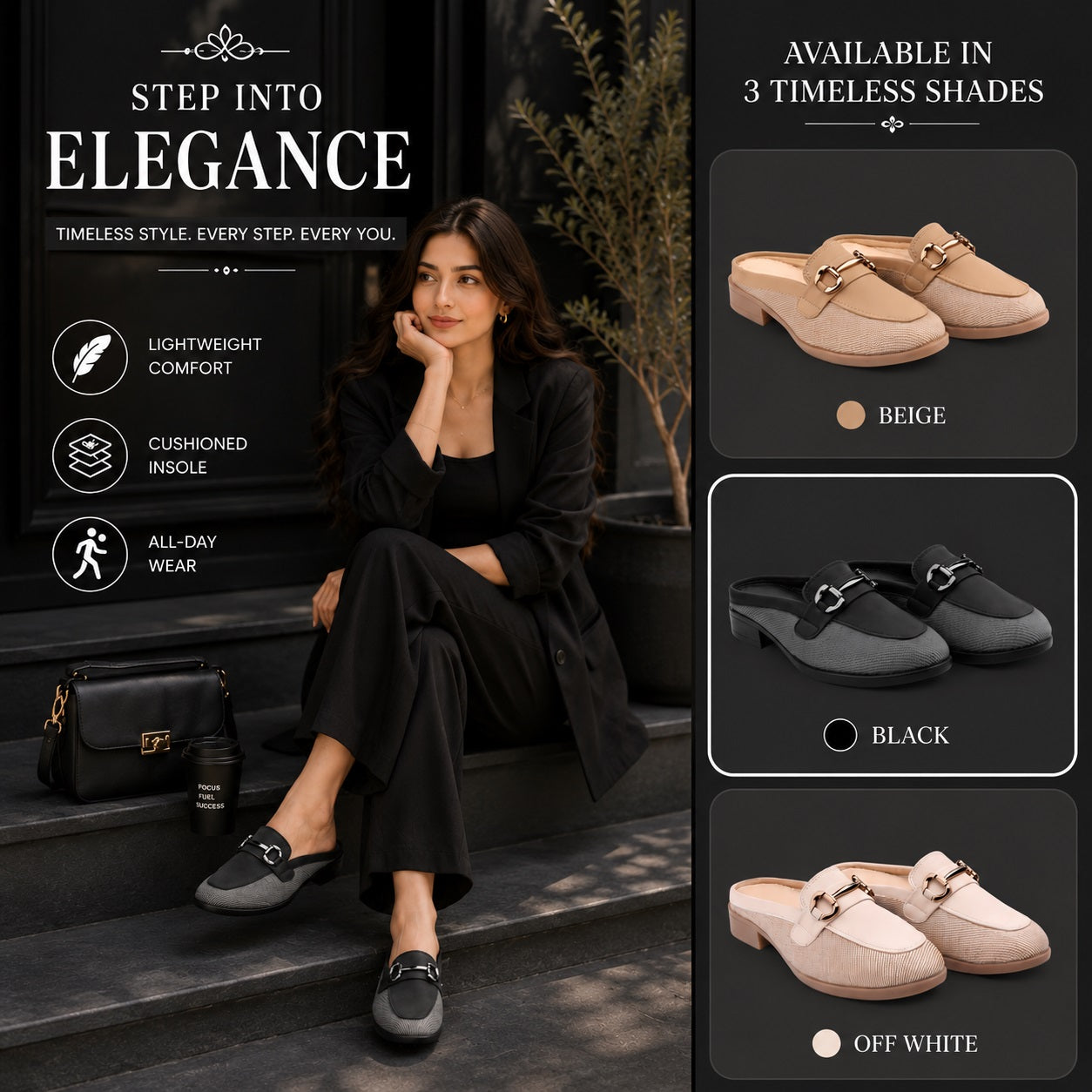 Woman wearing stylish shoes with product information on a dark background