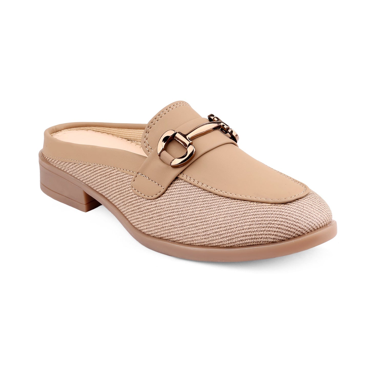 Beige slip-on shoe with a gold buckle on a white background