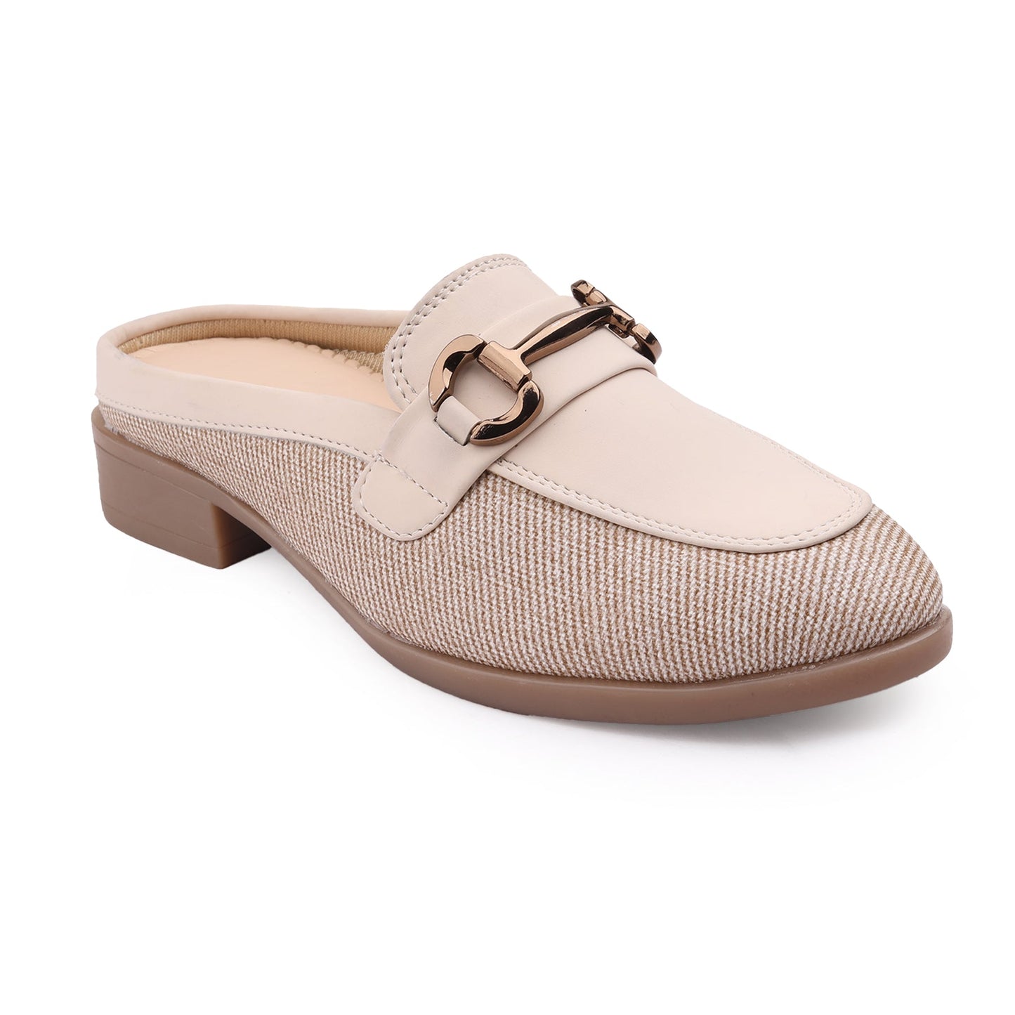 A single women's mule loafer in beige, featuring a textured woven fabric upper, smooth beige leather trim, and a decorative gold-tone horsebit buckle on the strap, set against a plain white background.