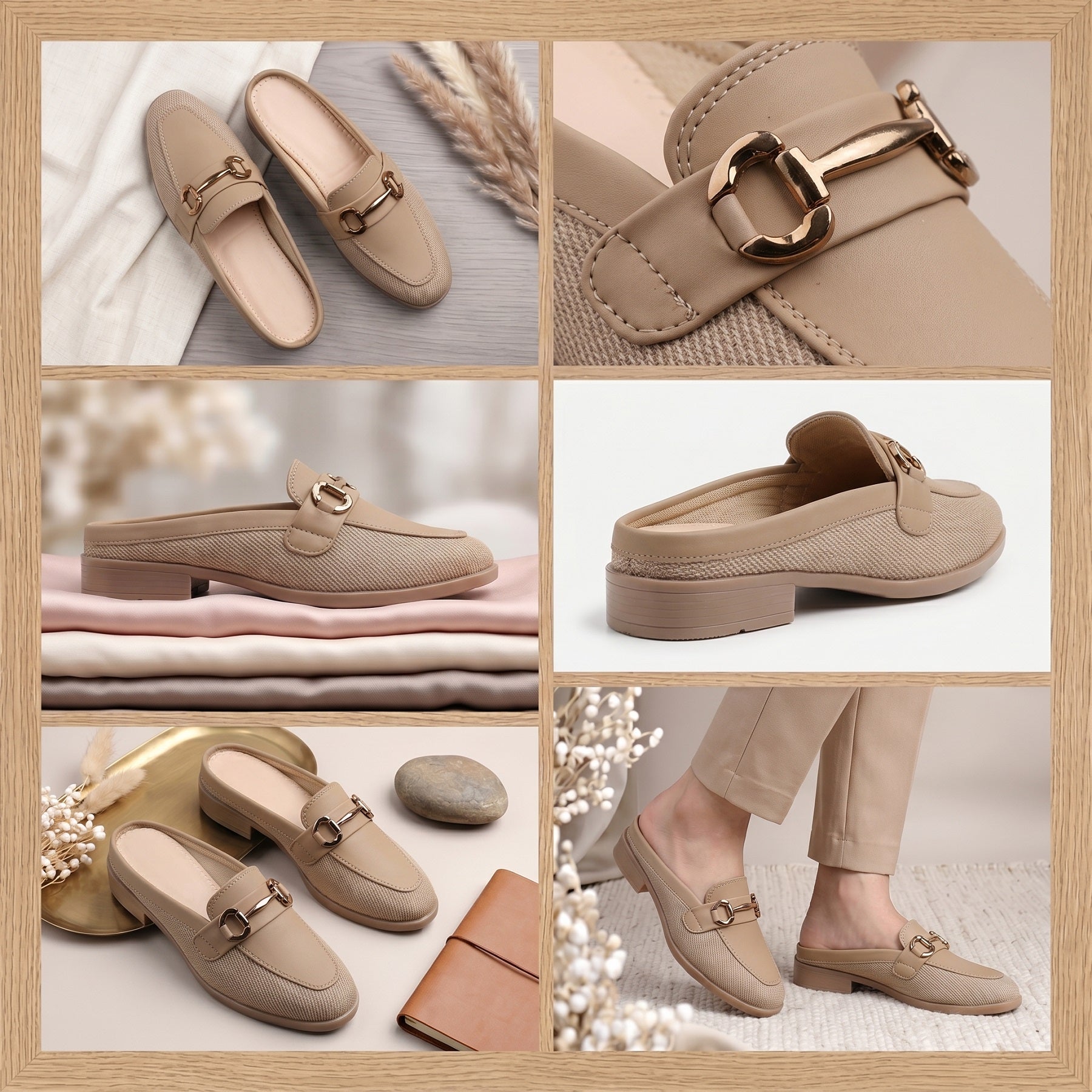 Collage of beige loafers with gold buckles on a neutral background