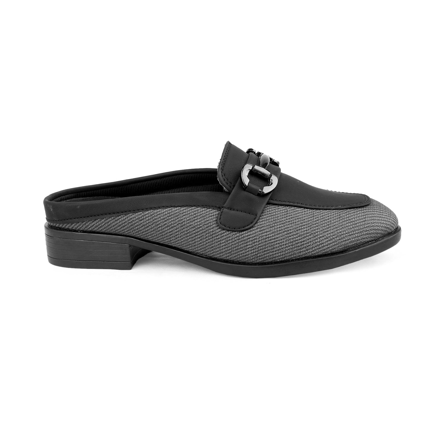 Black and gray loafer shoe on a white background