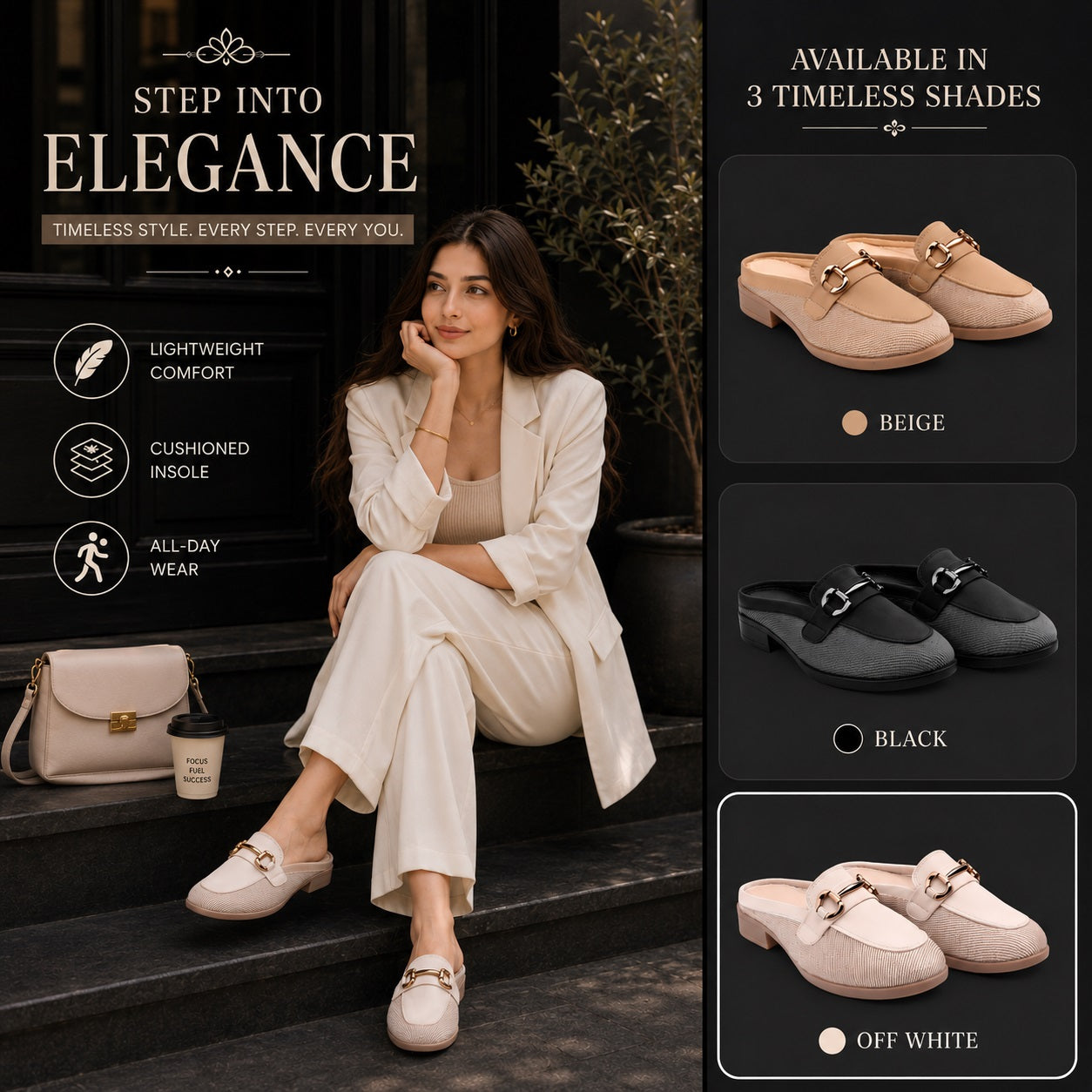 Woman sitting on steps wearing beige loafers with product details and color options displayed.