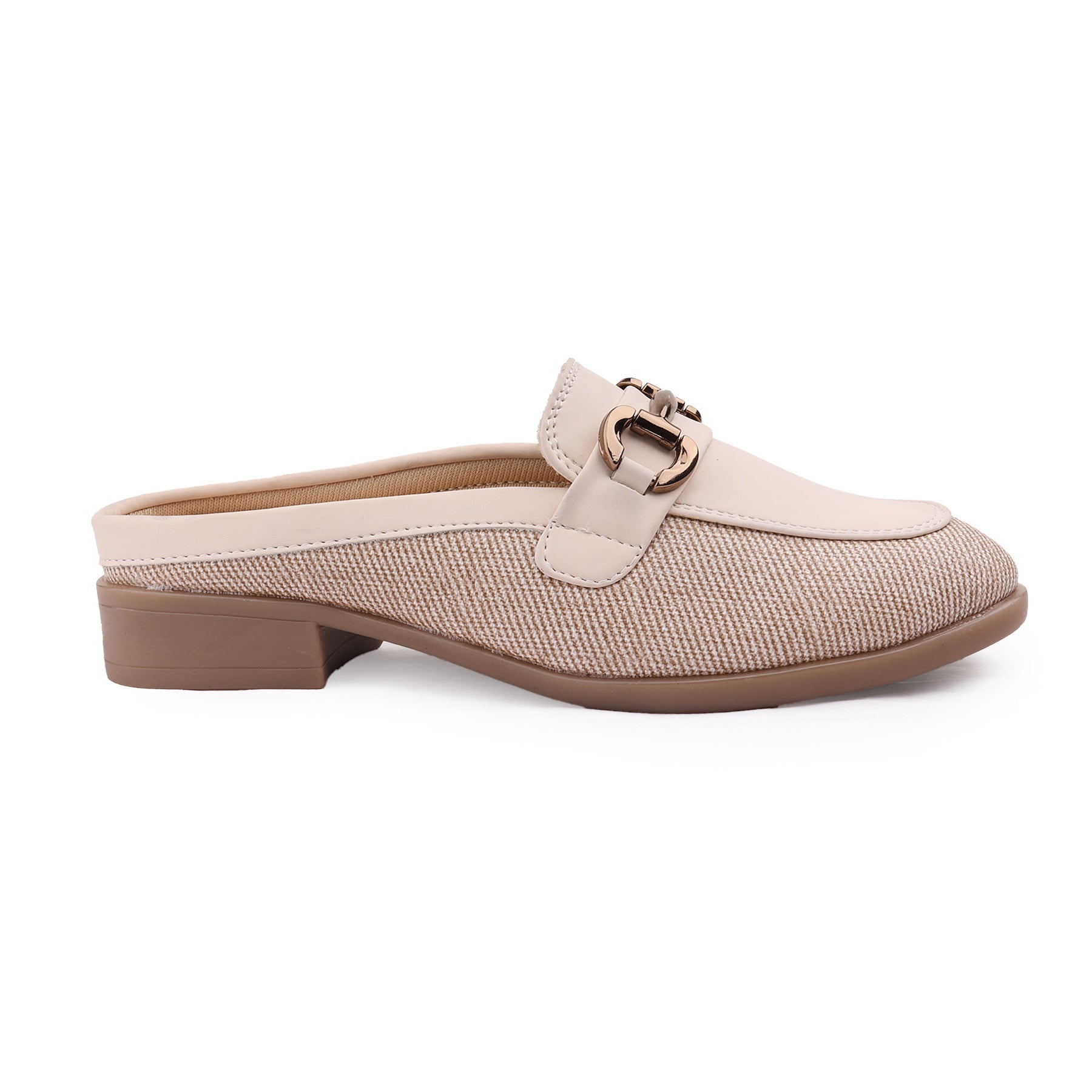 Beige slip-on shoe with a brown sole on a white background