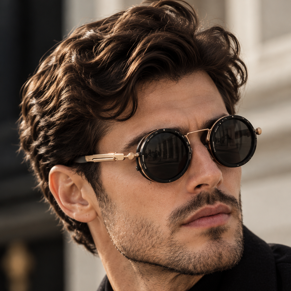A close-up of a man wearing round dark sunglasses with gold metal rims and arms, styled with a black turtleneck and a dark coat.